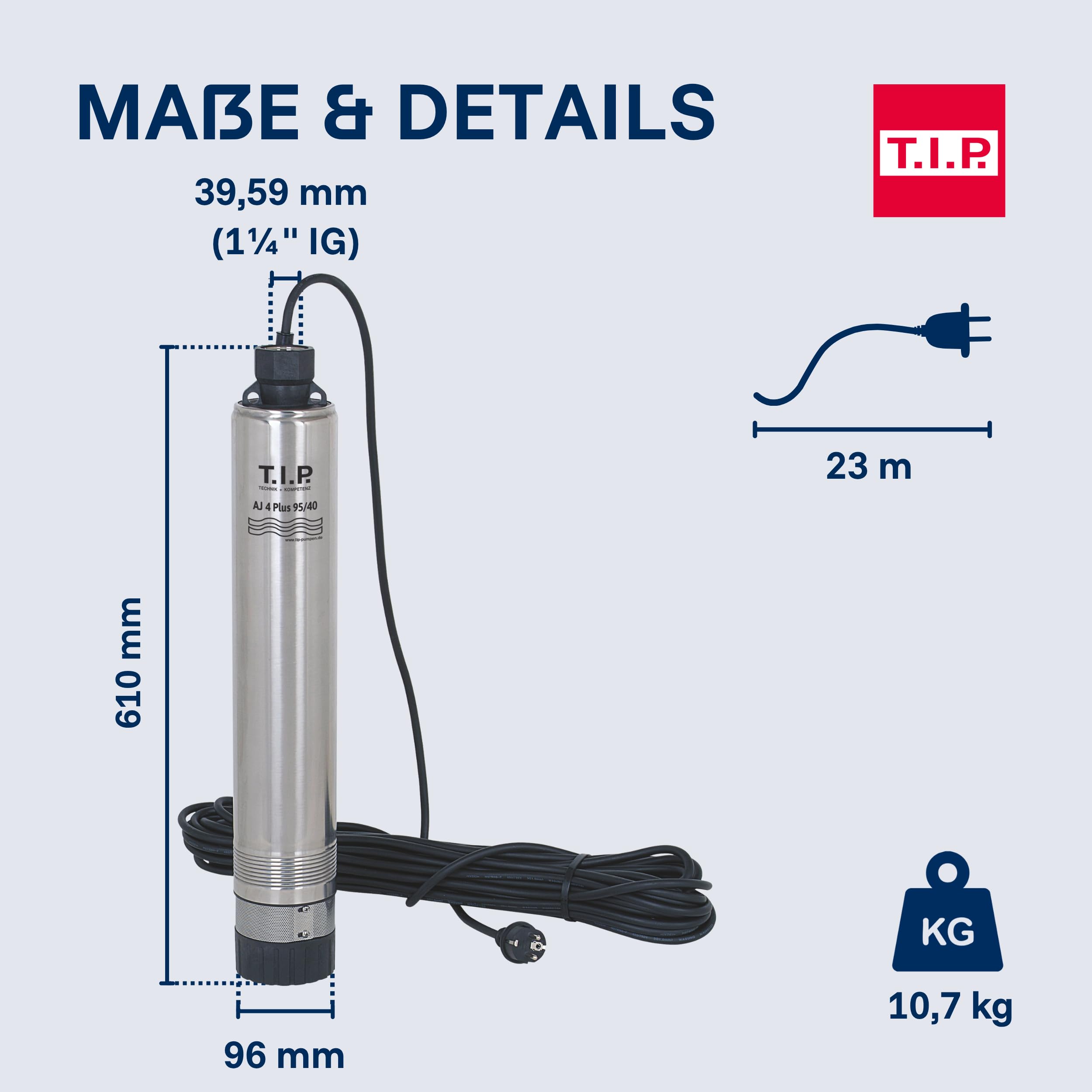 T.I.P. Tiefbrunnenpumpe ab Ø 10 cm Brunnen, 5.700 l/h, 40 m Förderhöhe | AJ 4 Plus 95/40 Sandresistente Edelstahl Brunnenpumpe, 40 m Förderhöhe, 4 bar Druck und 23 m Kabel, Rückschlagventil,
