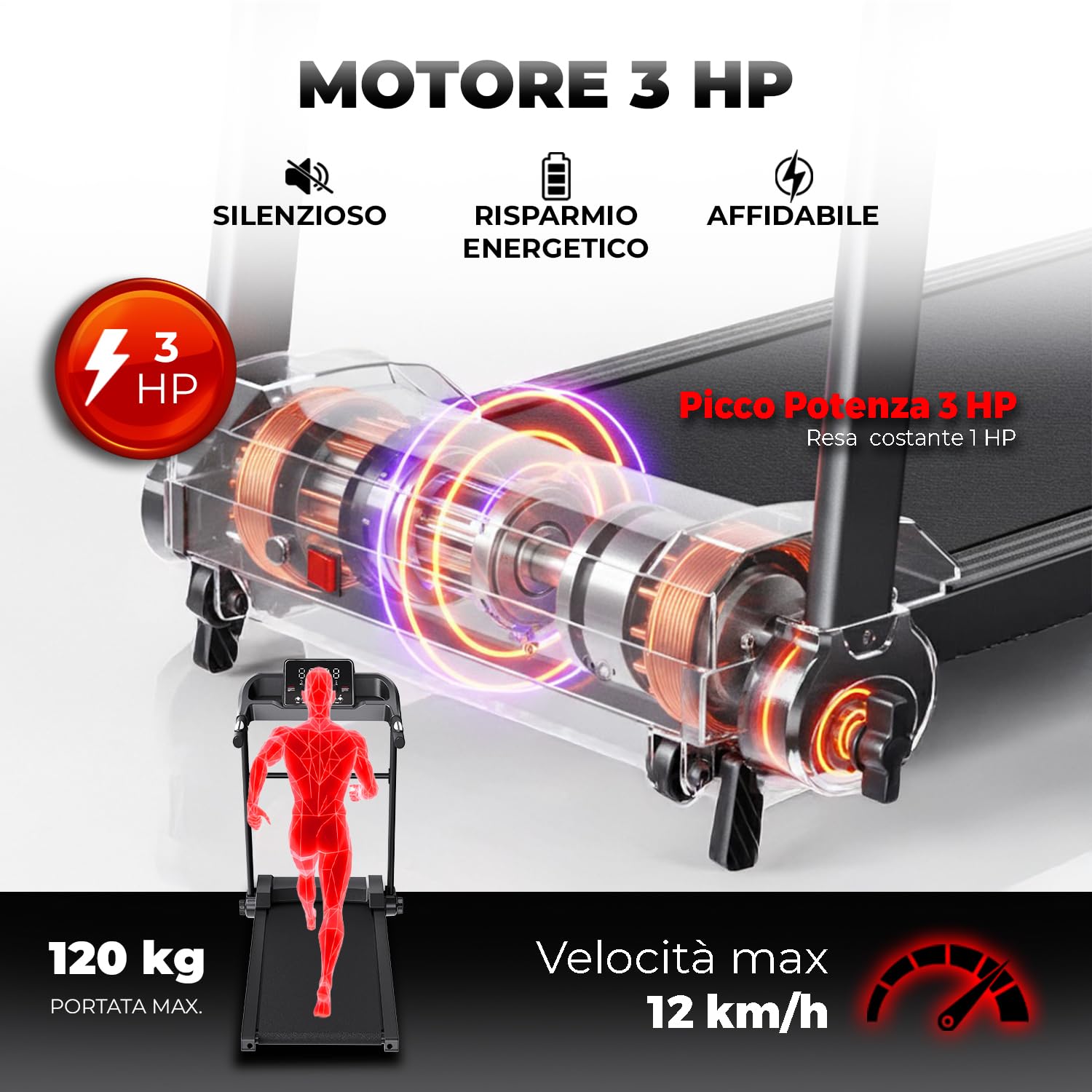 YM Tapis Roulant Salvaspazio 12 km/h, MARCHIO ITALIANO, Inclinazione, Pieghevole, Elettrico, Tappeto Corsa XL, Telaio Rinforzato, Display, Porta Tablet, ASSISTENZA e GARANZIA ITALIA Your Move