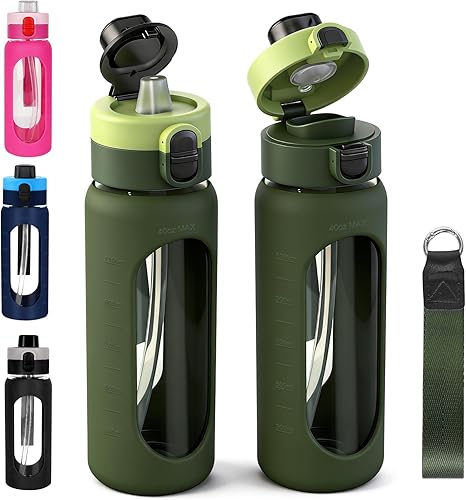 Miniatura 9 de ANOTION Botella de agua de vidrio de 24 onzas, botella de agua deportiva grande con tapa de doble bebida, botellas de vidrio transparente a prueba