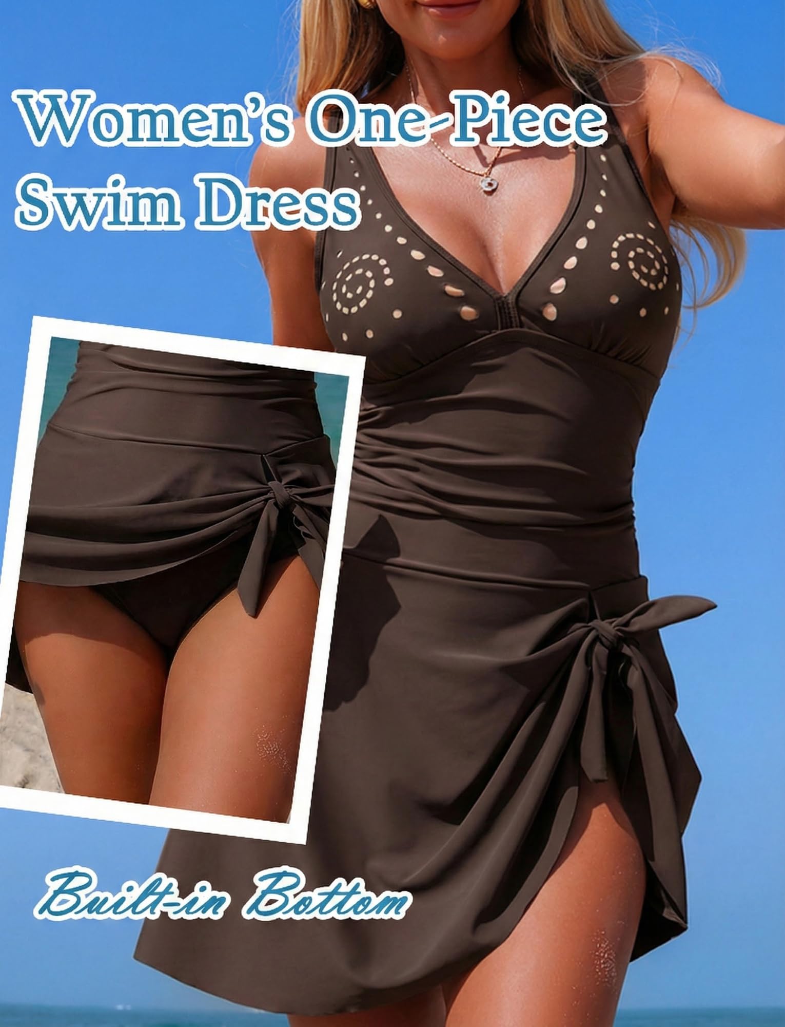 Maillot De Bain Une Pièce avec Jupe Femme Contrôle du Ventre Col V Mesh Découpé