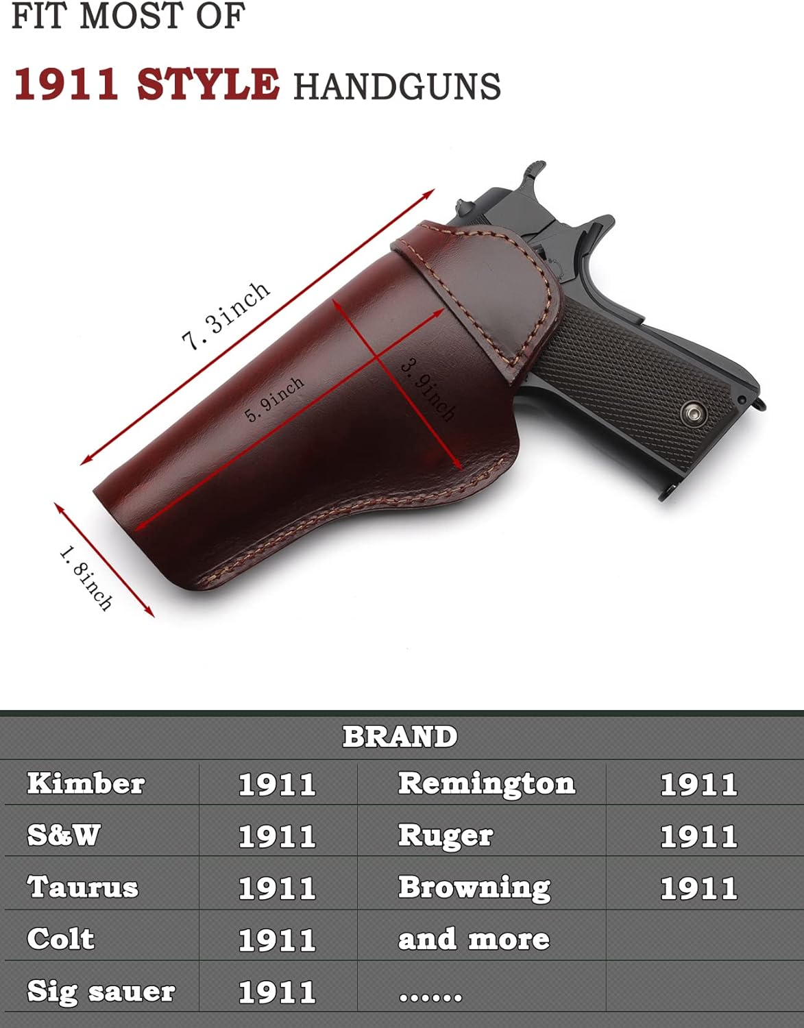 1911 Holster - Genuine Leather IWB Holster for Concealed Carry - Compatible with Kimber 1911/Colt 1911 /S & W 1911/Sig Sauer 1911/ Remington - Ruger & More 5 inch Barrel Pistols