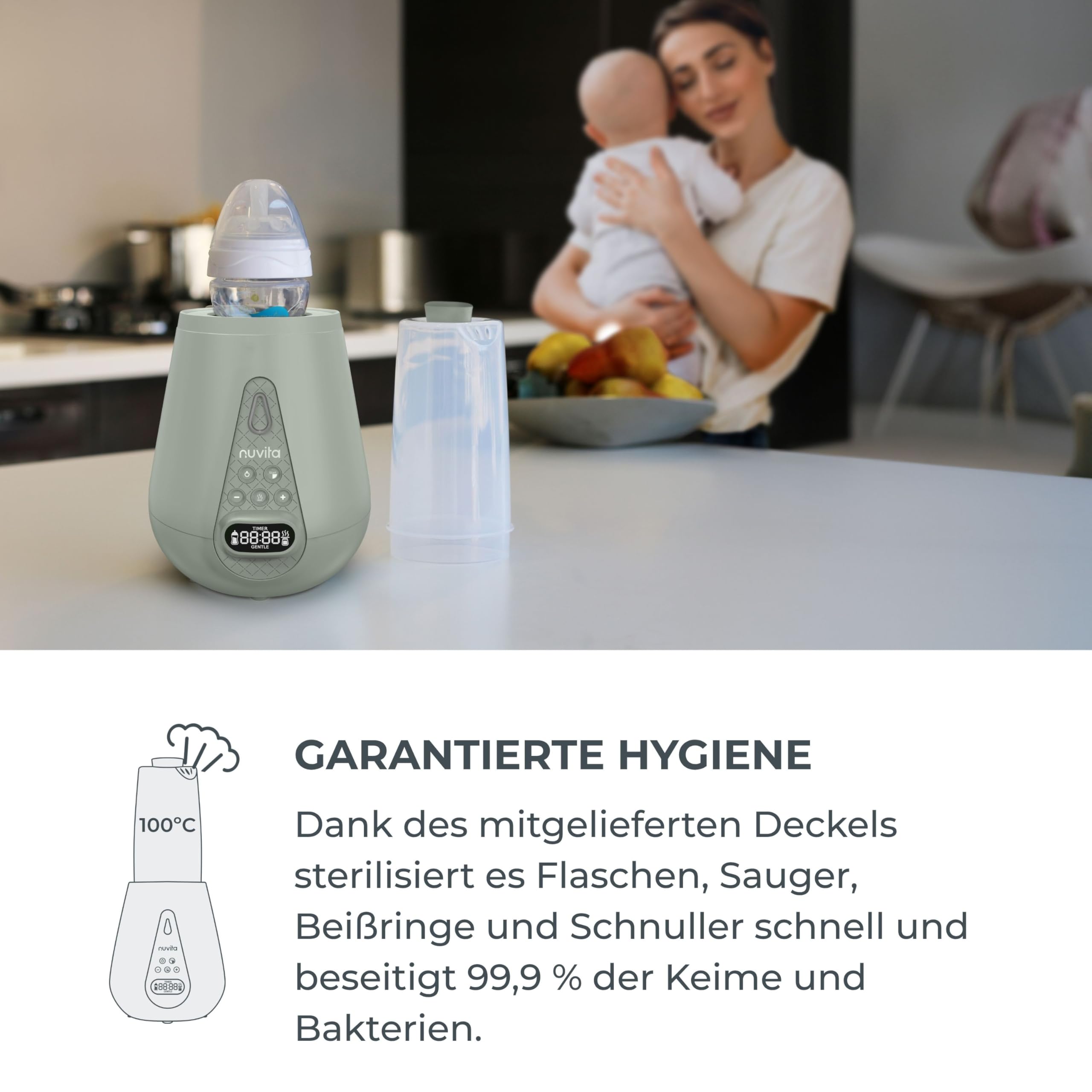 Nuvita 1170 Tragbarer Baby Flaschenwärmer & Sterilisator für Baby-Flaschen, Baby-Nahrung und Muttermilch - Babykostwärmer für Fläschchen und Gläschen - Sage Green