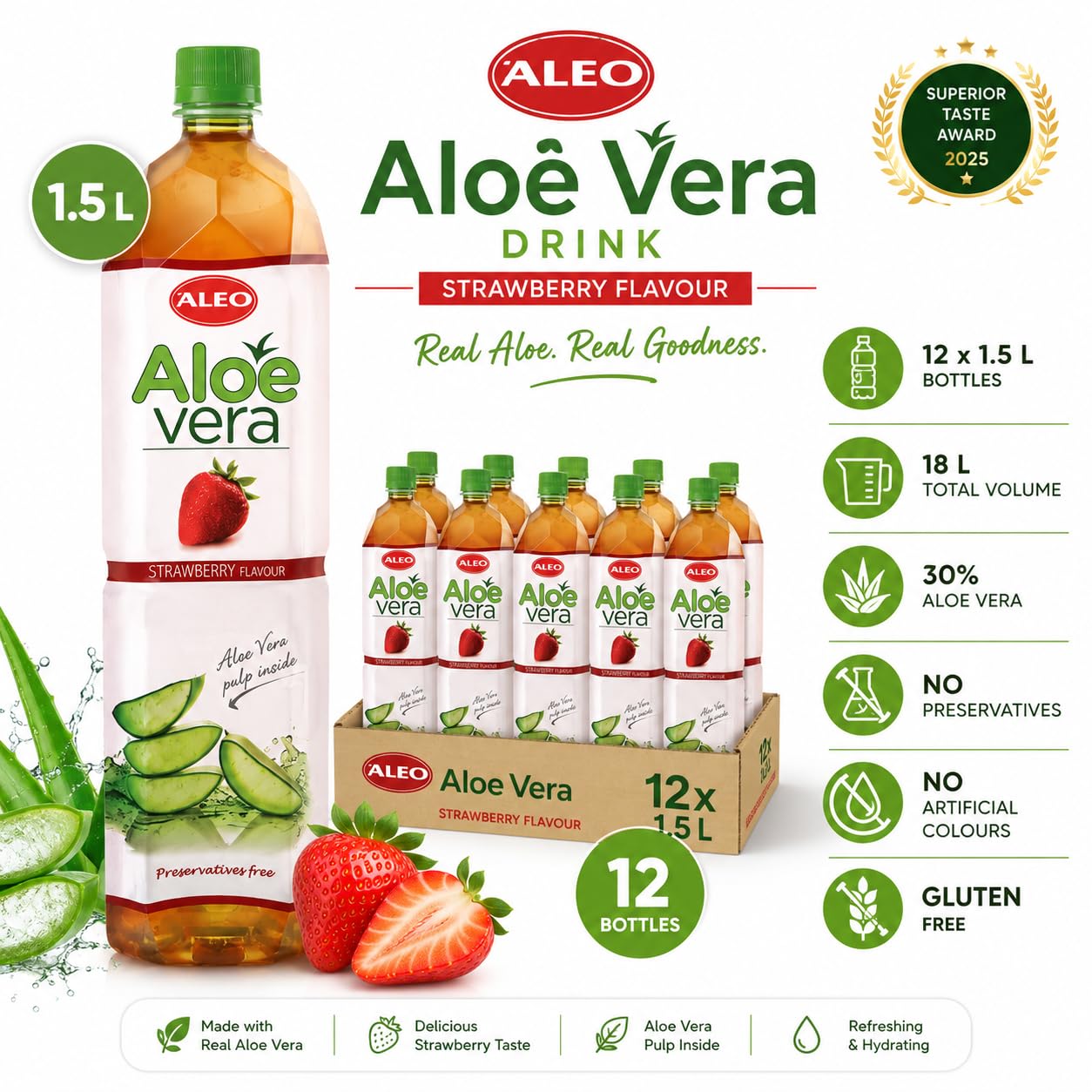 ALEO 1.5L Strawberry Aloe Vera Drink - Natural, No Preservatives, No Artificial Colors Superior Taste Award 2025