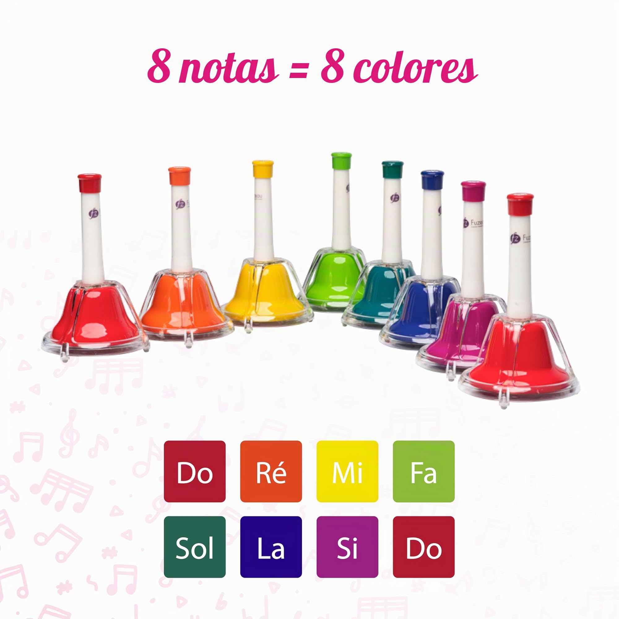 FUZEAU – Juego diatónico de 8 campanas afinadas – Campanas de metal con mangos de plástico – 1 campana = 1 nota – acordadas al más justo – Ideal para descubrir notas, a partir de 3 años