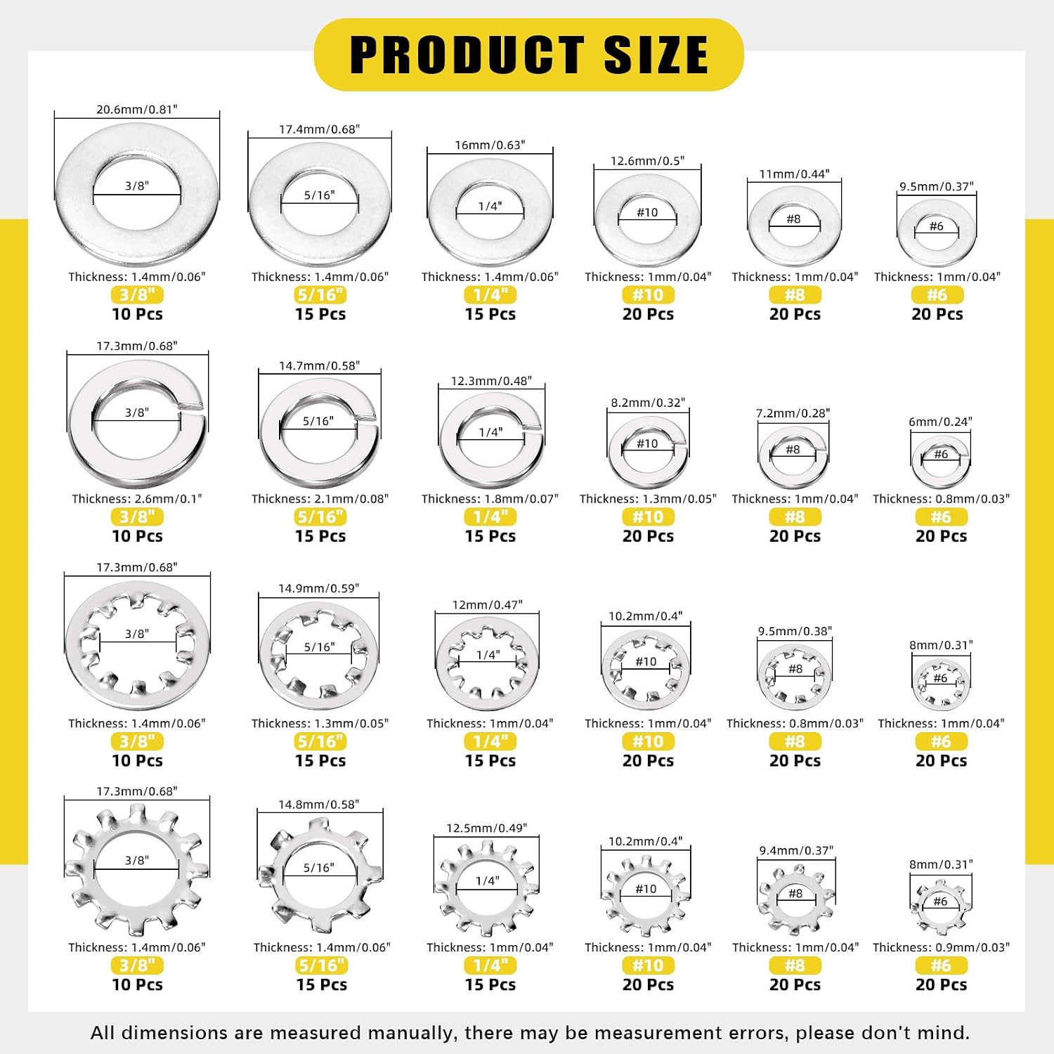 400Pcs 304 Stainless Steel Spring Lock Washer, 6# 8# 10# 1/4'' 5/16'' 3/8'' Internal & External Tooth Star and Split Lock Washers Flat Washer for Screws Bolts Retaining Clips Fastener, SAE
