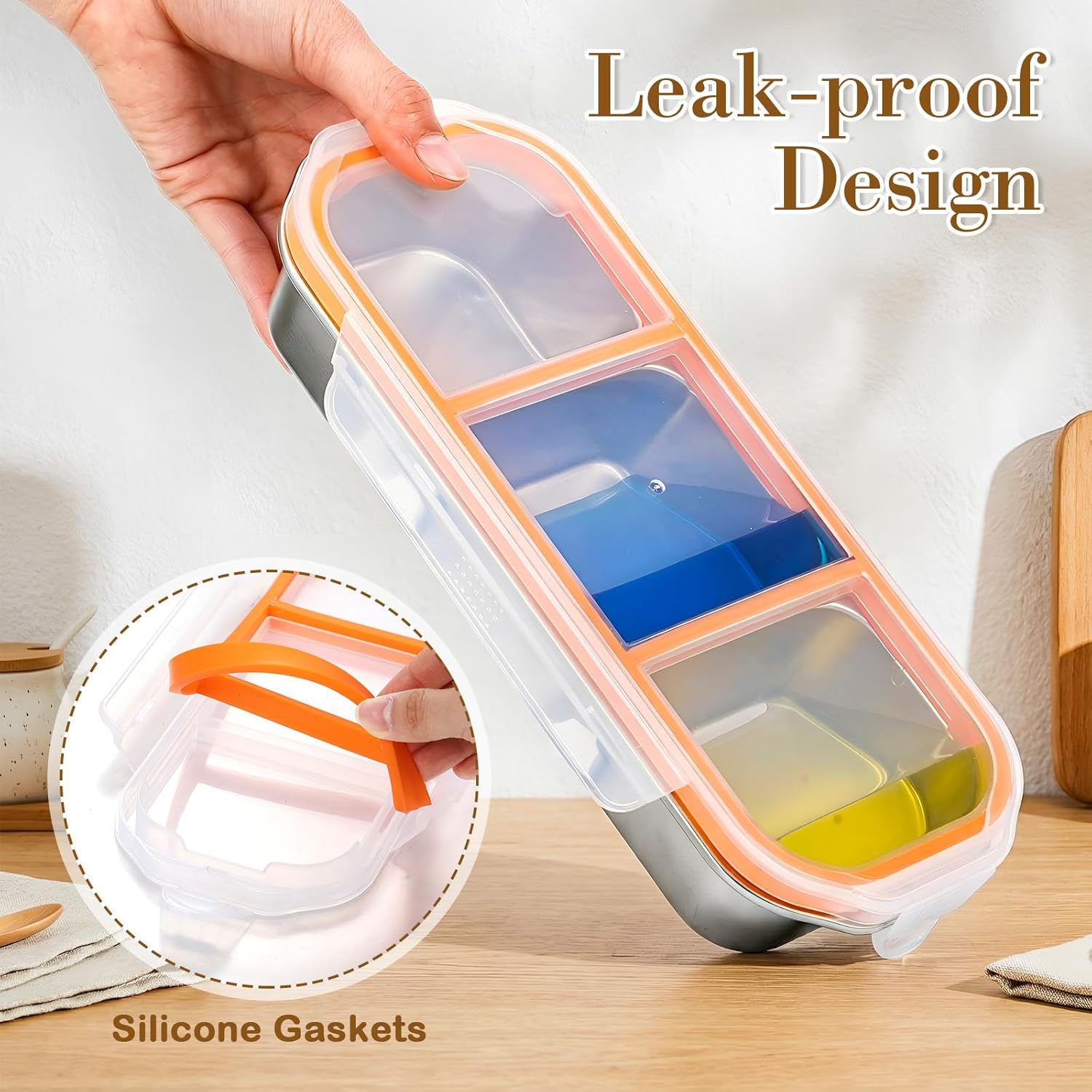 8 Pcs Stainless Steel Snack Containers with Leak Proof Lids, 2/3 Compartments Metal Bento Lunch Box, Reusable Divided Food Storage Container for Adults Home Travel Work(Orange)