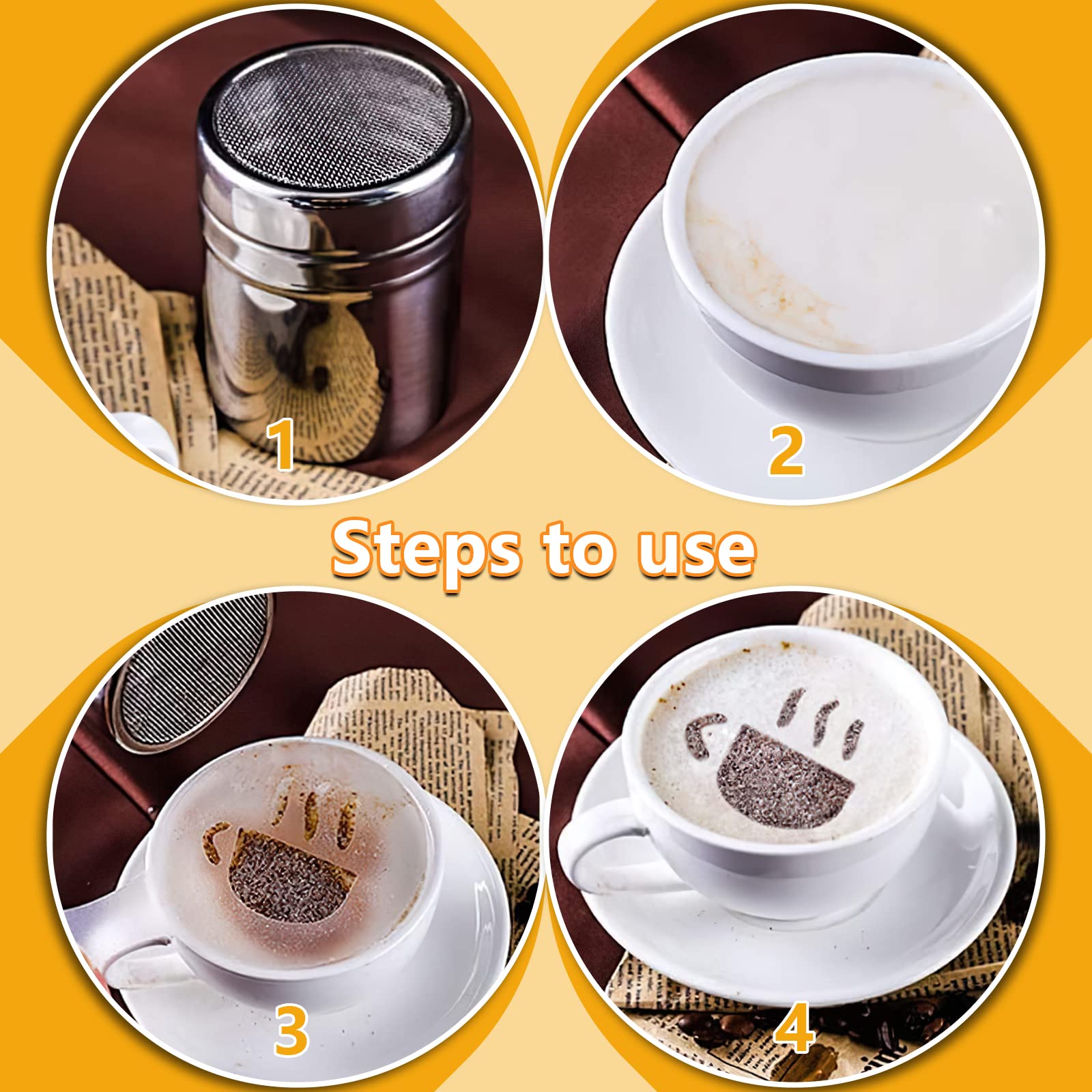 Saupoudreuse, 2 Pièces Shaker à Chocolat, Saupoudreuse Cacao 16 Pièces Pochoirs à Café pour Chocolat Chaud Décoration De Pain (Avec Cuillère à mesurer)