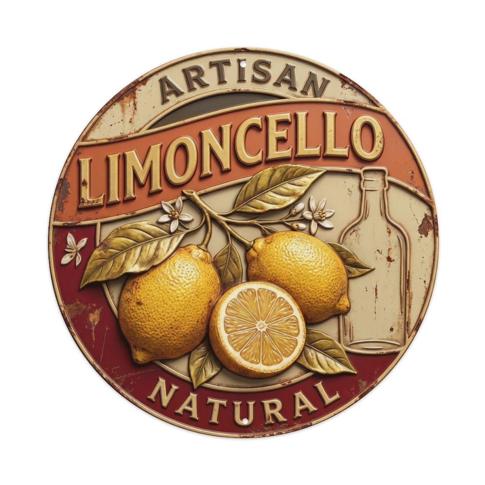 Artisan Limoncello Relief Sign Metal Tin Sign Plaque Wall Decor for Cafe, Club Bar, Office, Home Garden Round Metal Poster 8x8Inch
