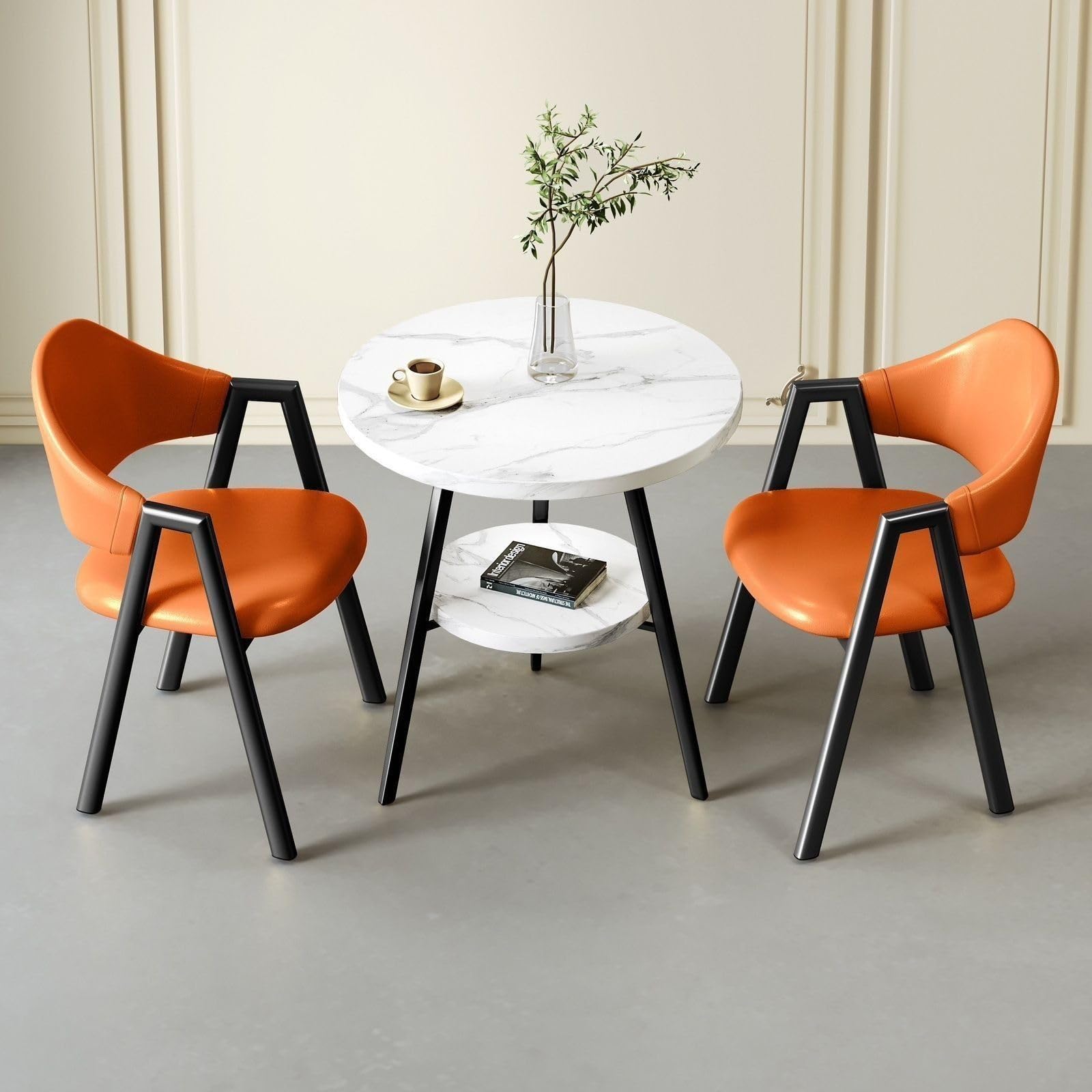 Small Round Reception Table with 2 Chairs, 2-Tier Faux Marble Dining Table and Chairs Set for Office, Lounge, Living Room, Kitchen (Orange Leather, 54x40x78cm)
