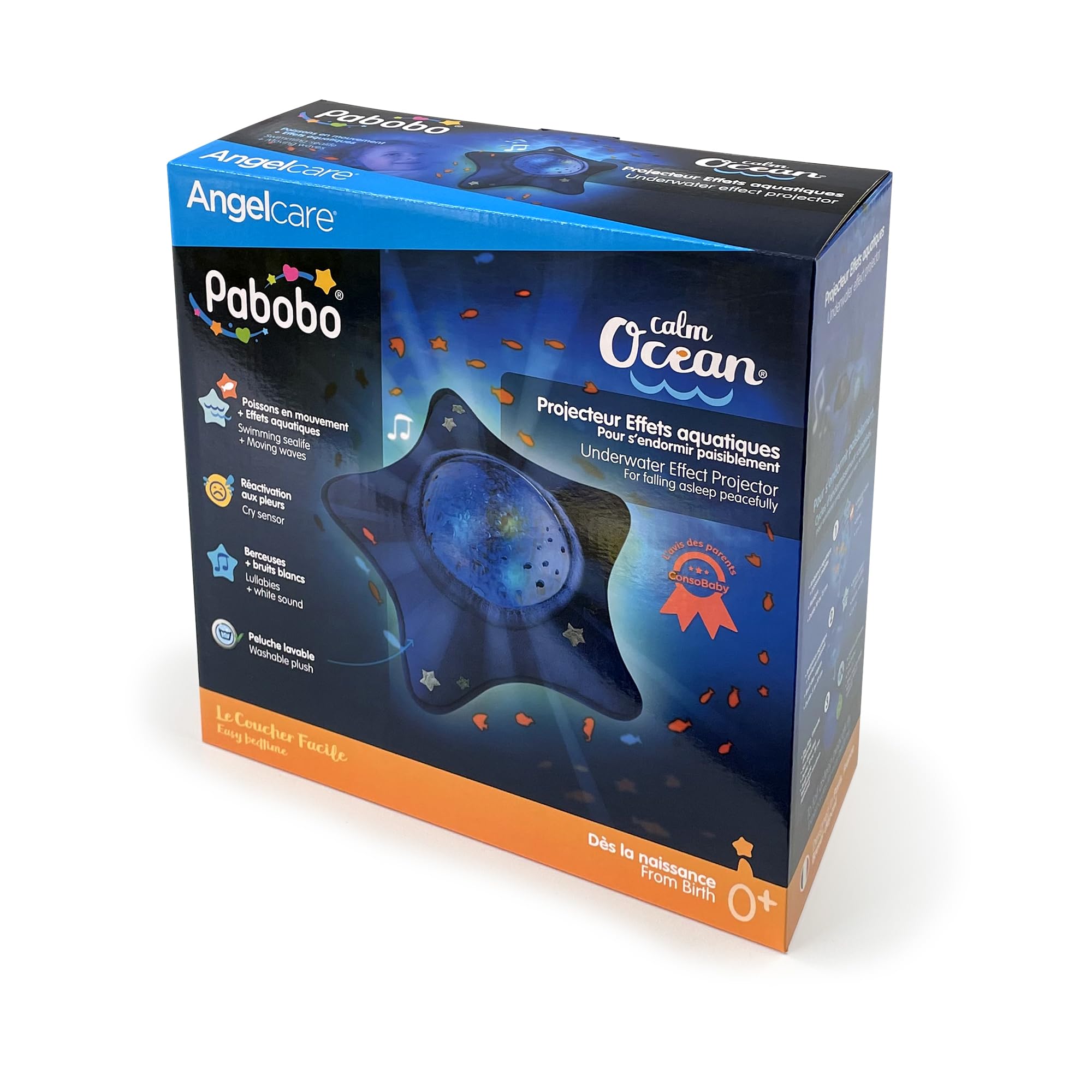 Luz nocturna Pabobo x Kid Sleep Musical y ligera, para niños y bebés, felpa con forma de estrella, proyector de agua, nómada, lámpara, techo, océano tranquilo, azul