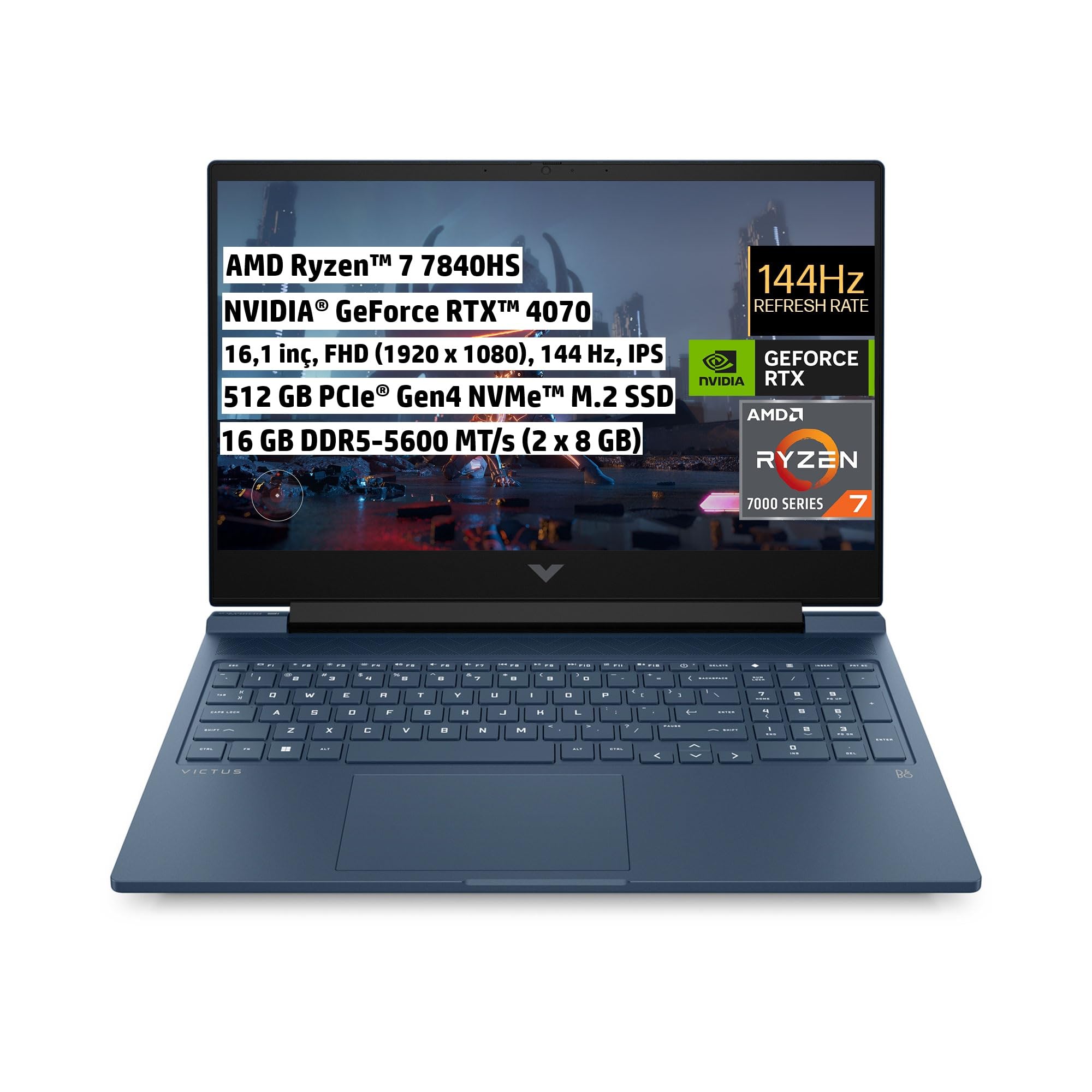 HP Victus Gaming Laptop 16.1" 144Hz FHD IPS, AMD Ryzen 7-7840HS, 16GB RAM, 512GB SSD, NVIDIA GeForce RTX 4070, FreeDos, Performance Blue, 7Z581EA