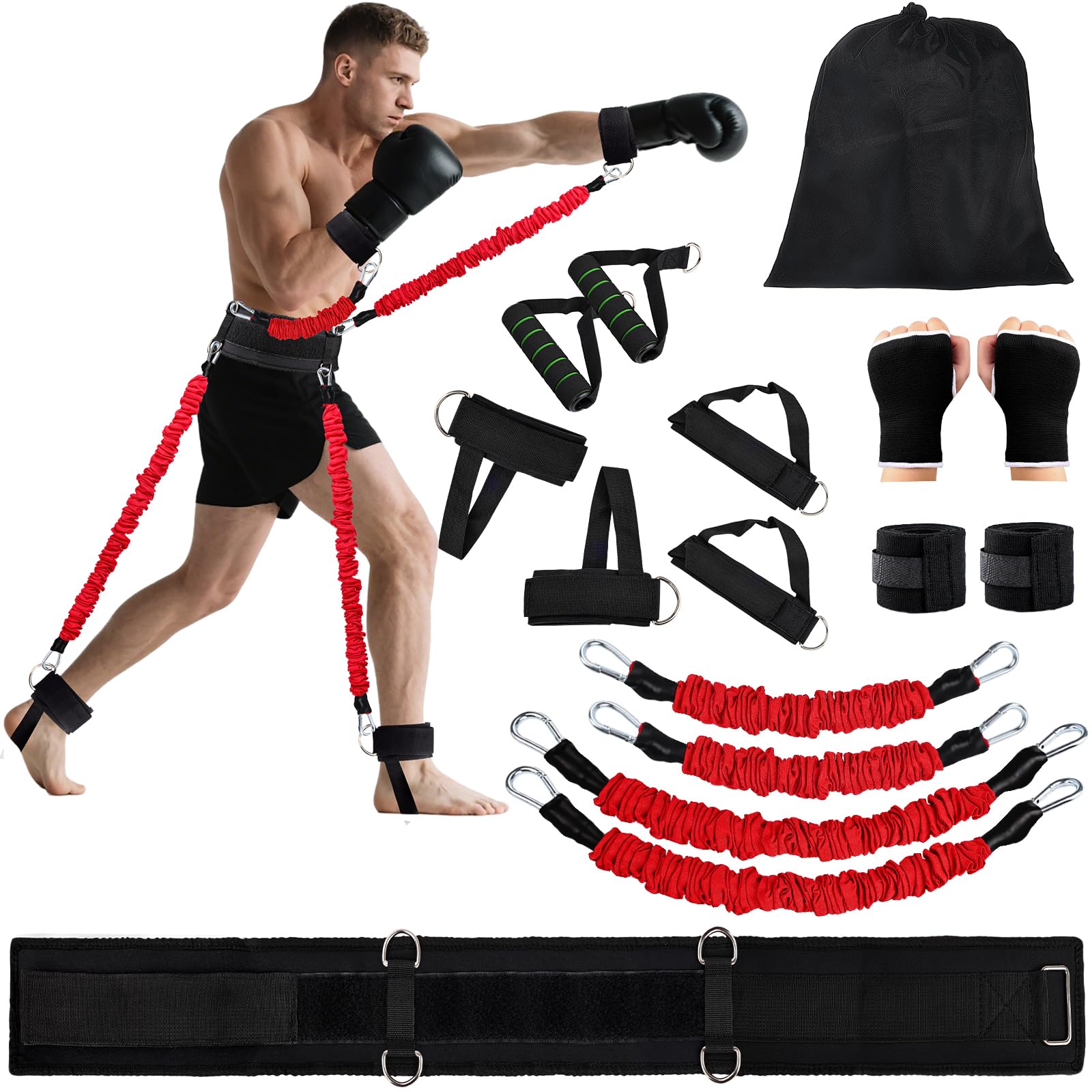 Boxing Resistance Bands Set for Boxing MMA Martial Arts Training Equipment, 150lbs Exercise Bands with Cuffs & Belt, Workout Band for Resistance Training Enhance Explosive Power/Speed/Agility