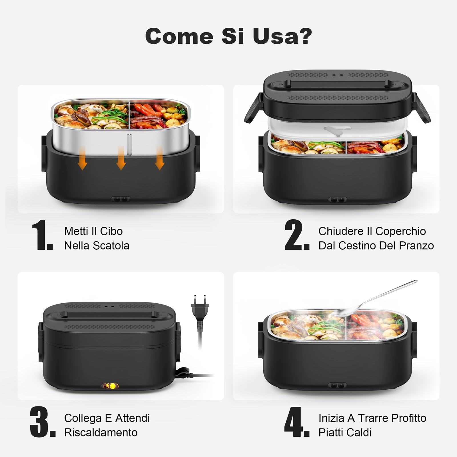 Scaldavivande Elettrico, 1.5 L 3 In 1 Scalda Vivande Portatile Elettrico, 80 W Porta Pranzo Termico con Borsa Termica, 12 V/24 V/220 V Lunch Box Termico per Auto Camion e Ufficio, Nero