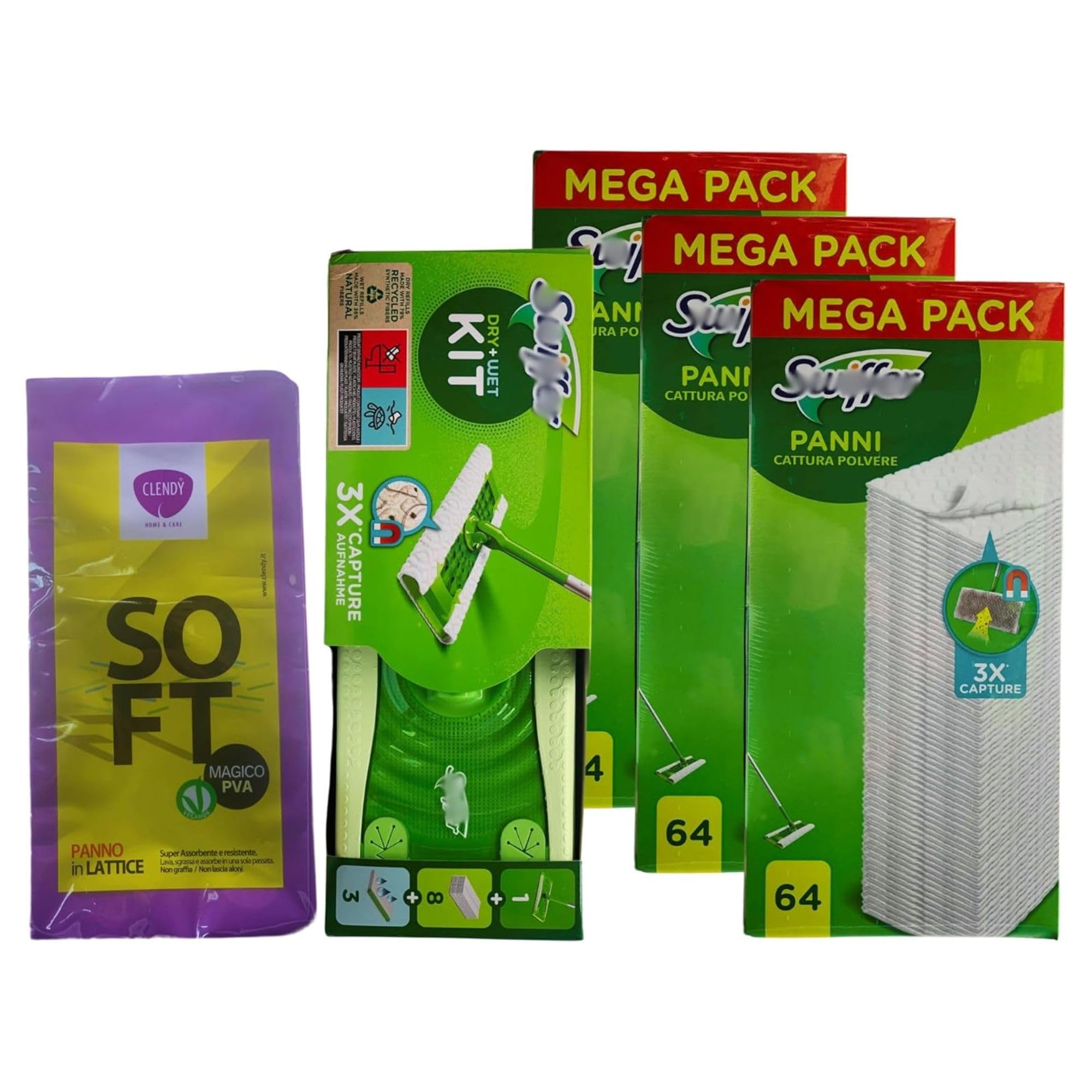 SET PER PAVIMENTI: Lavapavimenti, 1 Scopa E 8 Panni Microfibra Catturapolvere Dry E 3 Panni Wet + Mega Pack Panni Cattura Polvere, 64 panni + Panno In Lattice SOFT (1 Kit+3xConf.Da 64 Panni+PannoL)