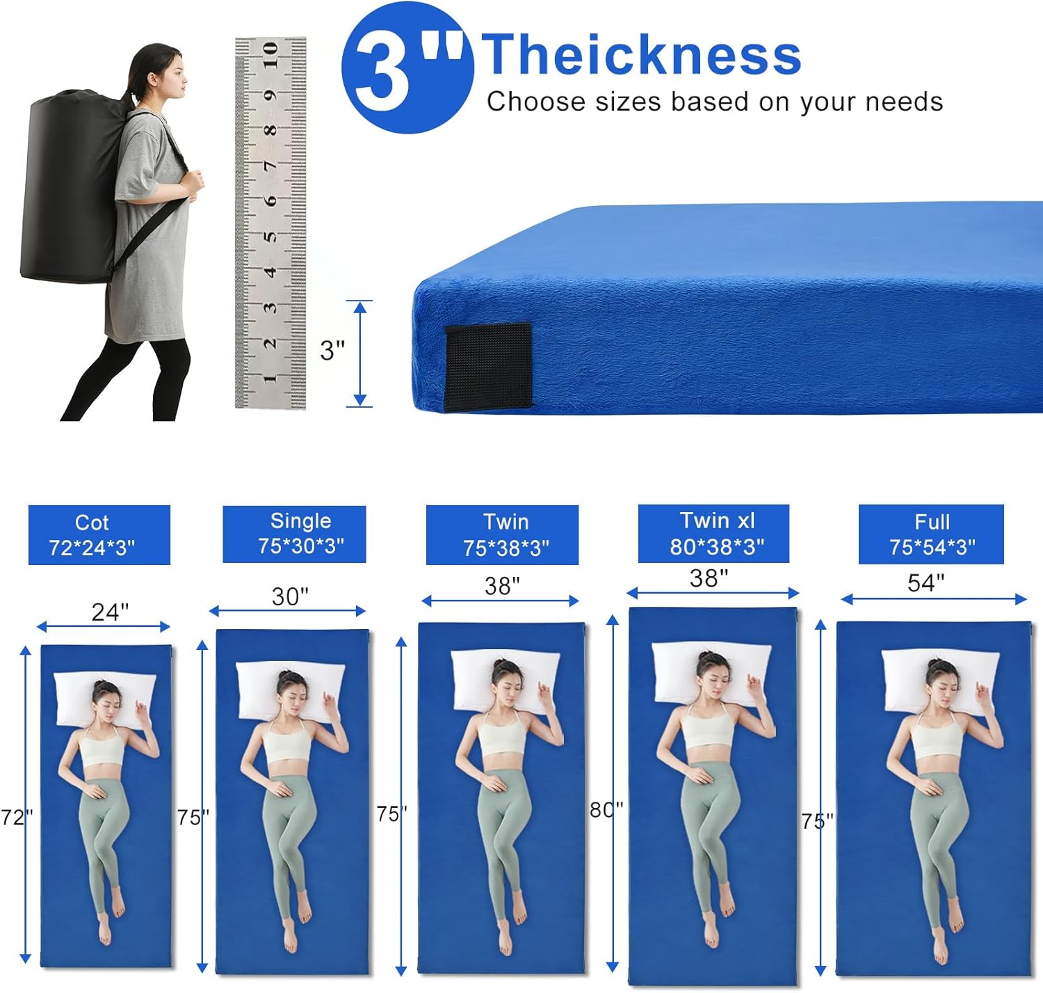 Blue Memory Foam Camping Mattress pad, Comfortable Thick Floor Sleeping Mat for Adults with Waterproof and Non-Slip Bottom, Portable Roll Up Mattress for Sleepover Guest,Cot Mad for Car Camping