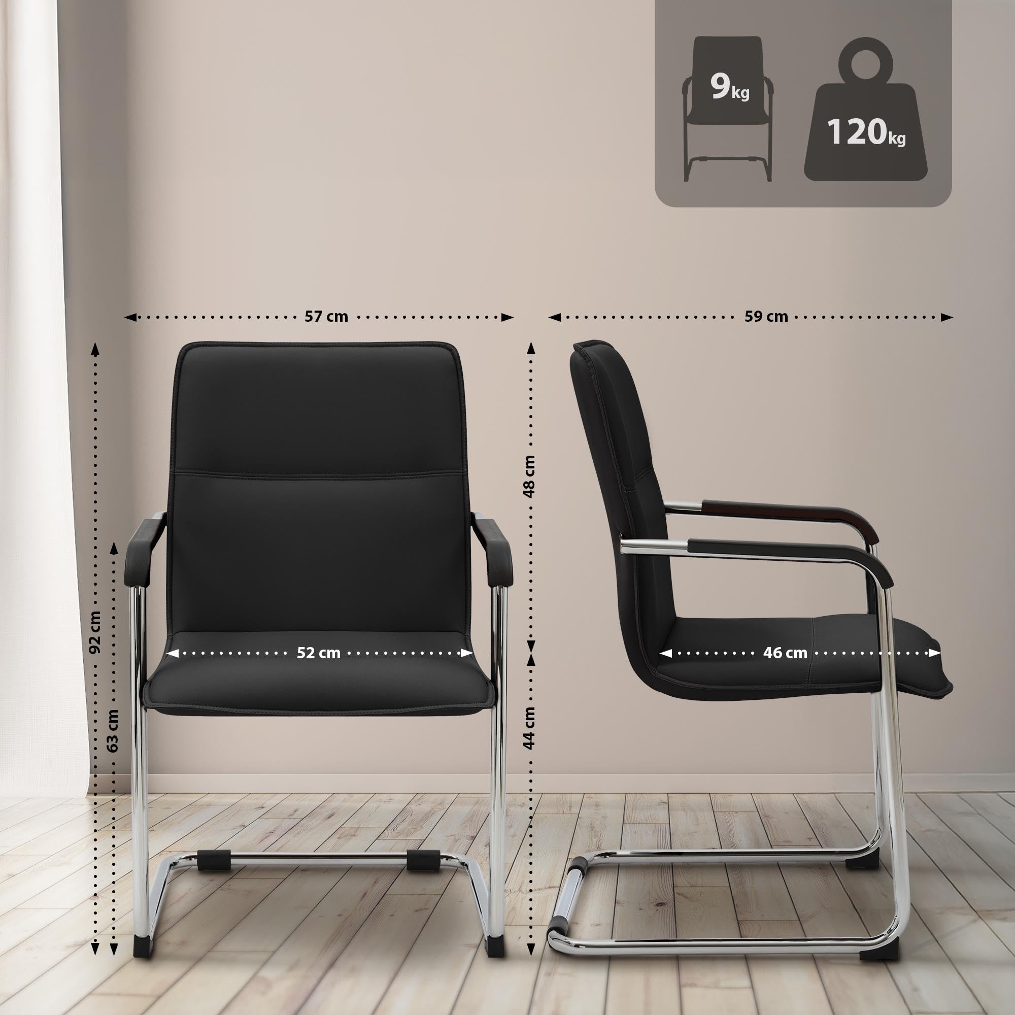 CLP Sillas Cantilever Juego de 2 con Reposabrazos Seattle, Sillas de Comedor Modernas Tapizadas con Cuero Sintético, Negro