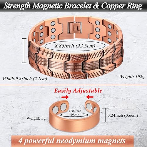 Miniatura 5 de Pulsera de cobre para hombre, imanes ultra fuertes, pulsera magnética de cobre puro y anillo con herramienta de tamaño ajustable