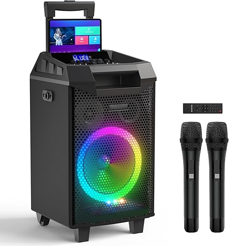 VeGue Máquina de karaoke, sistema PA de altavoz Bluetooth para adultos y niños con 2 micrófonos inalámbricos, subwoofer de 8 pulgadas, máquina de