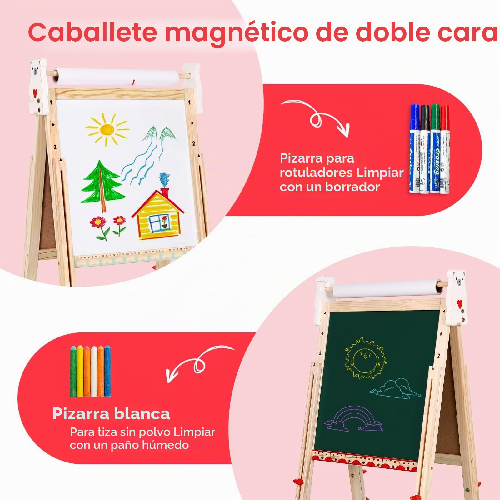 Caballete para Niños 3 en 1 Caballete Infantil de Doble Cara Caballete de Arte con Rollo de Papel Pizarras y de Almacenamiento Pizarras de pie para niños,+3 años