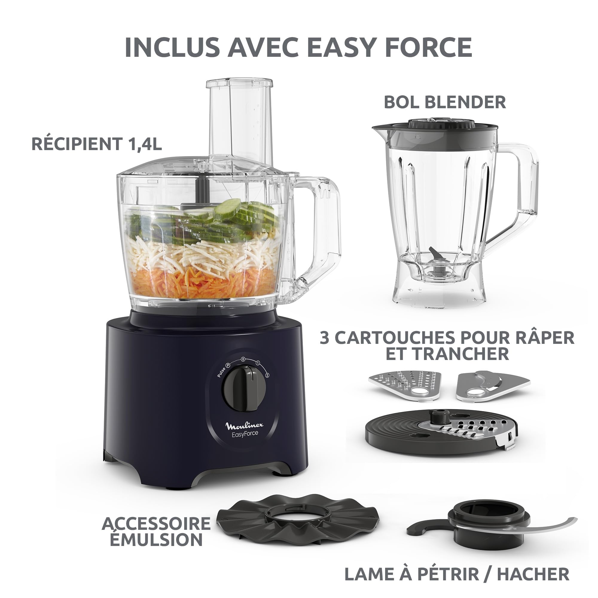 Moulinex Easy Force, Robot Cuisine Multifonction Compact 3L, 800W, 2 Vitesses + Pulse, 25 fonctions, 6 accessoires, Blender, Râpes, Bleu, FP247810