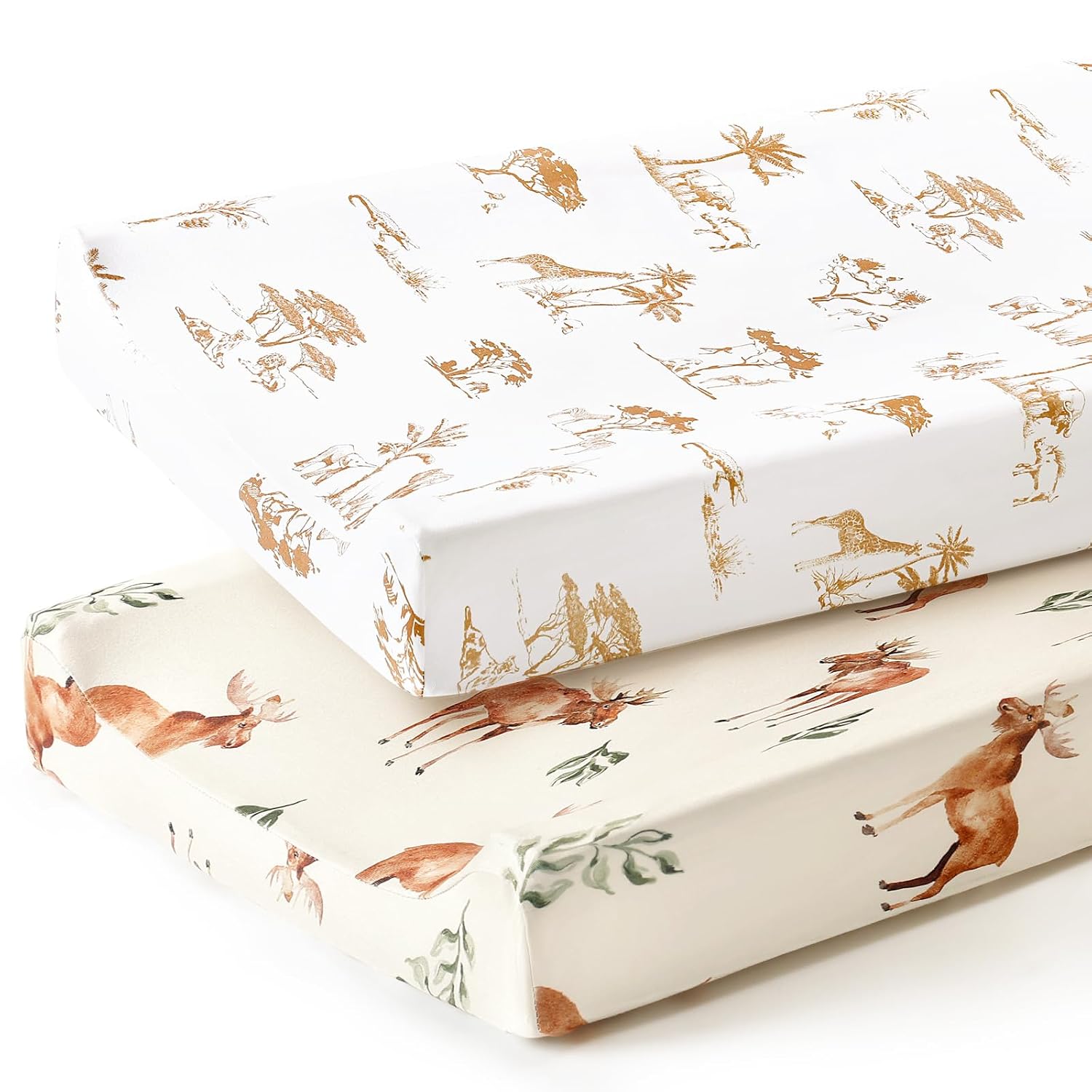 GRSSDER Stretch Ultra Soft Jersey Knit Changing Pad Cover Set 2 Pack, Change Table Pad Covers Fit 32"/34" x 16" Pads Safe and Snug, Stylish Elk Animals Pattern