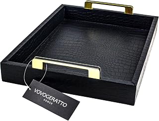 Black Serving Tray with Handles, Large Alligator Faux Leather Decorative Tray, Coffee Table, Ottoman Rectangular Trays for Home Decor, for All Occasions,16" x 12"