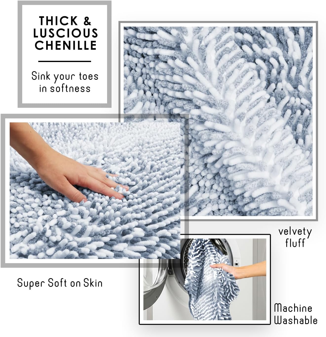 Hearth & Harbor Bathroom Rugs, Chenille Bath Mat - Machine Washable Bath Mats for Bathroom Non-Slip Backing Rubber, Quick Dry Bathroom Mat, 26 x 44 - Ombre Blue