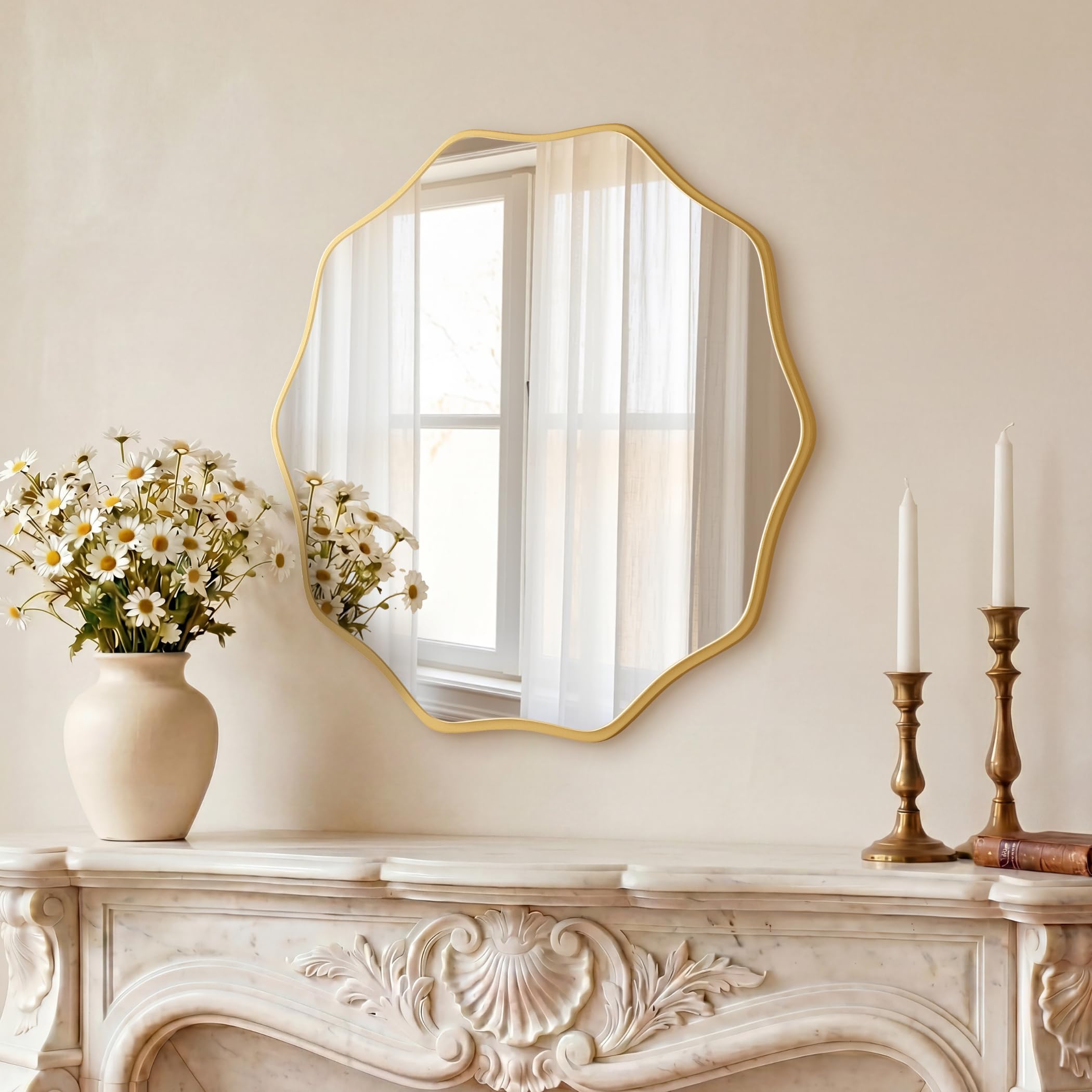 Perfnique Gold Round Wall Mirror, 60 Cm Wavy Wood Framed For Bathroom Nursery Bedroom Living Room Entryway, Decorative Modern Wall Decor (, 60Cm)