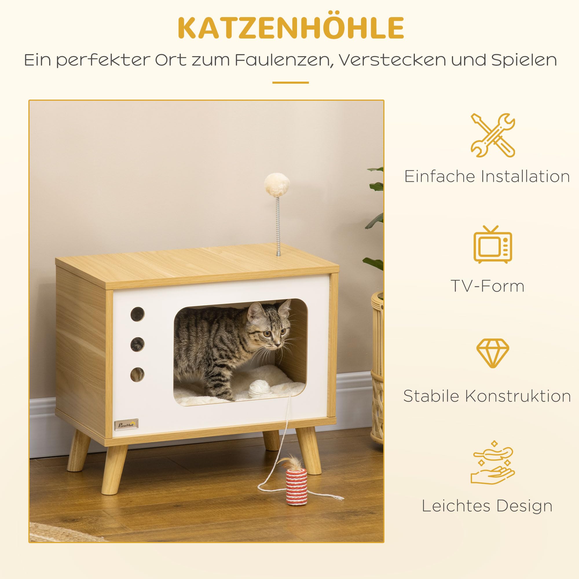 PawHut Katzenhaus TV-förmig mit Spielball 50 x 28 x 43 cm Eiche+Beige+Weiß