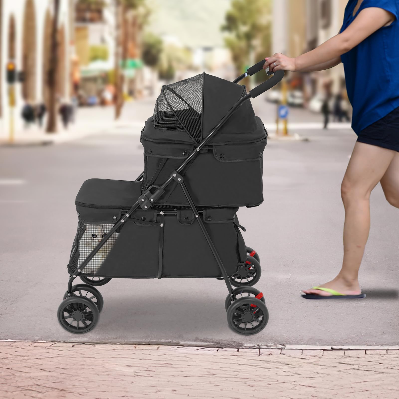Carrito doble para perros, 2 niveles con ventanas de malla y bolsillos, Oxford y metal, para mascotas de hasta 35 kg, bolsa de transporte plegable, para perros, gatos, mascotas (negro)