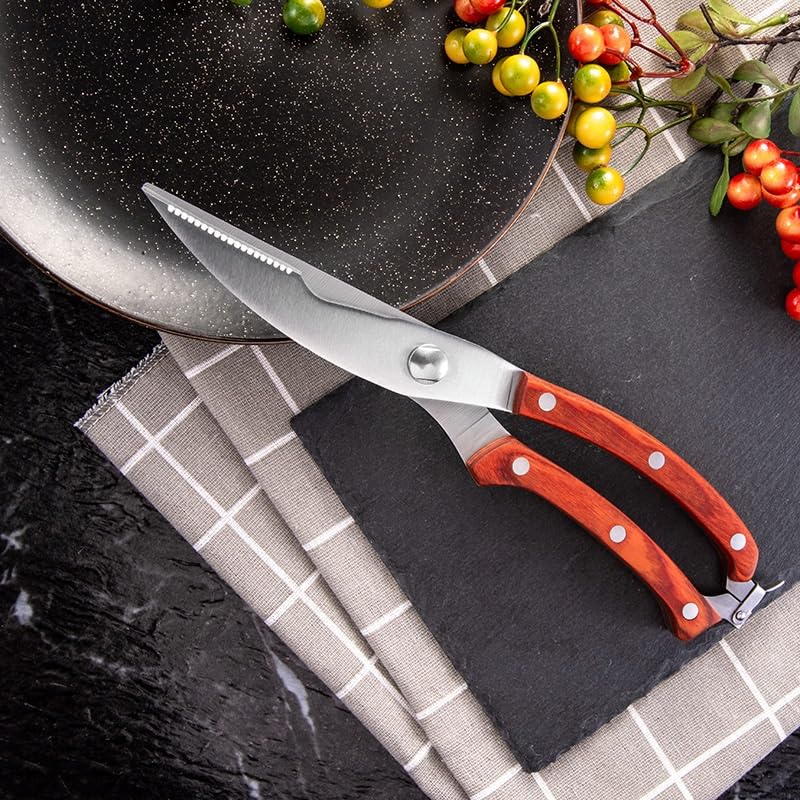 Tijeras de Cocina, Tijeras de Cocina, Cuchillo de Acero Inoxidable, Tijeras Resistentes para Aves de Corral para Cortar Carne, Pescado, Pollo, Hueso, Mango de Madera