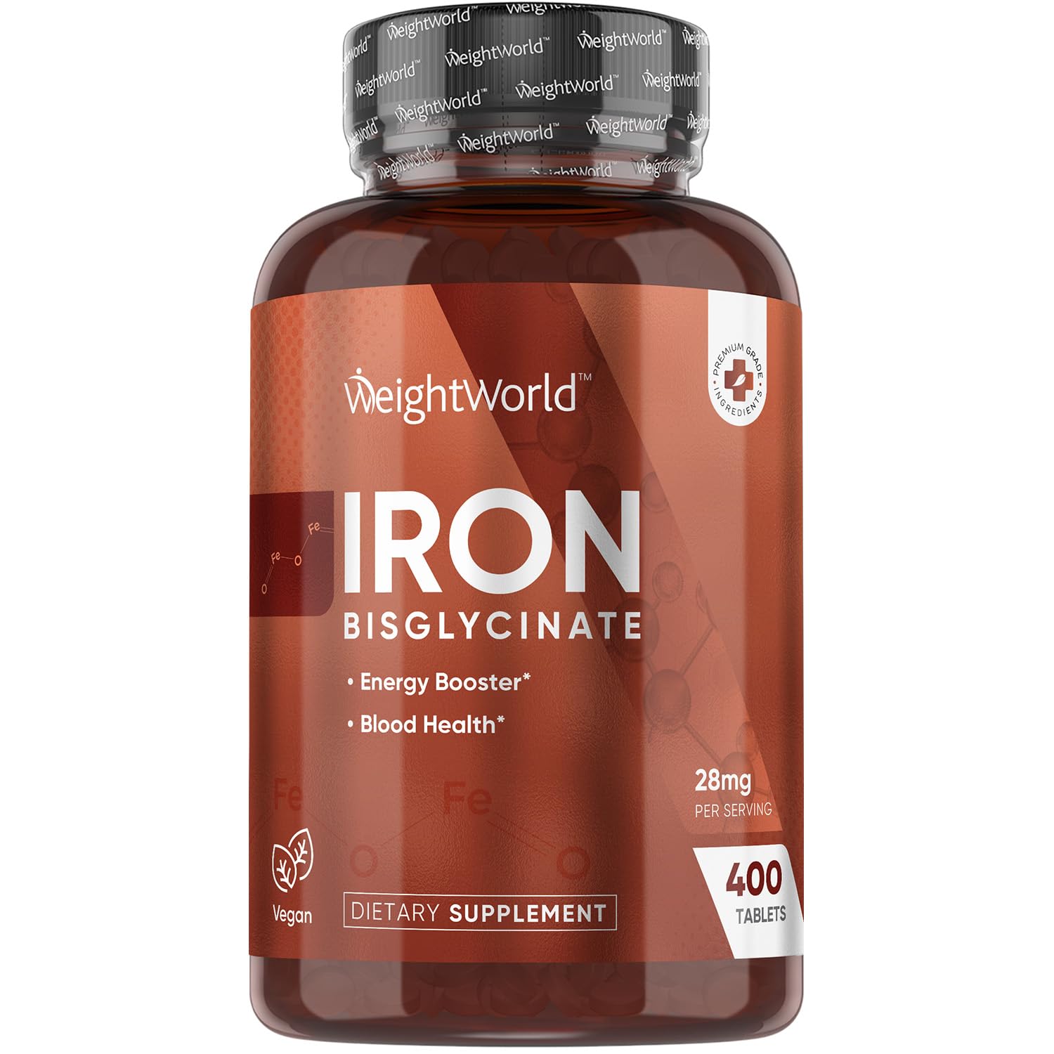 Iron Tablets - 400 Vegan Tablets - Iron Contributes to Normal Energy Metabolism (EFSA) - 28 mg Iron Daily - 6+ Months Supply - Iron Bisglycinate - WeightWorld