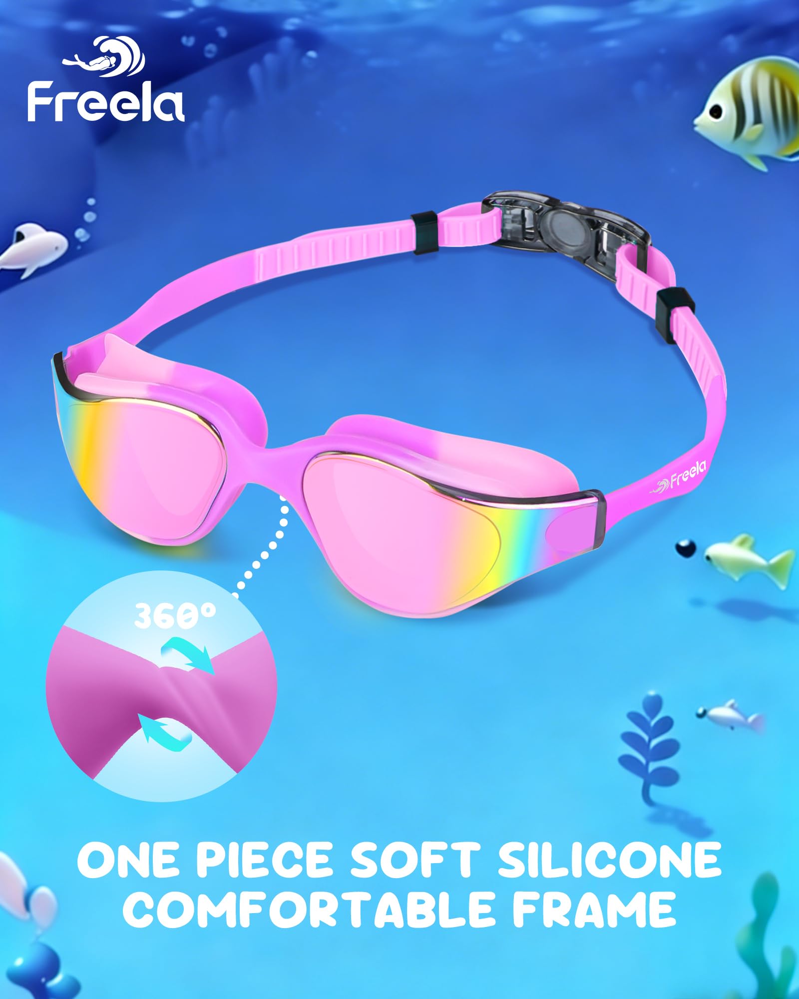 Freela Kinder-Schwimmbrille für 3–16, einteilig, Silikon, 180°-Sicht, Anti-Beschlag-Schutz, UV-Schutz, für Jungen, Mädchen, Jugendliche, 2 Stück