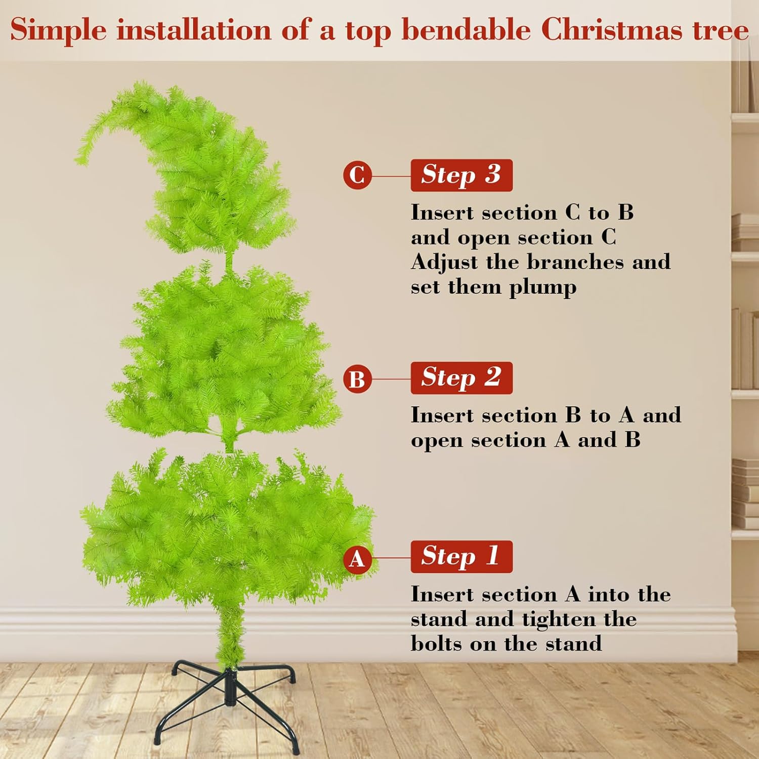 Christmas Tree 6ft, Top Bendable Lime Green Xmas Tree with Tree Skirt, Whimsical Artificial Christmas Tree for Christmas Decorations.