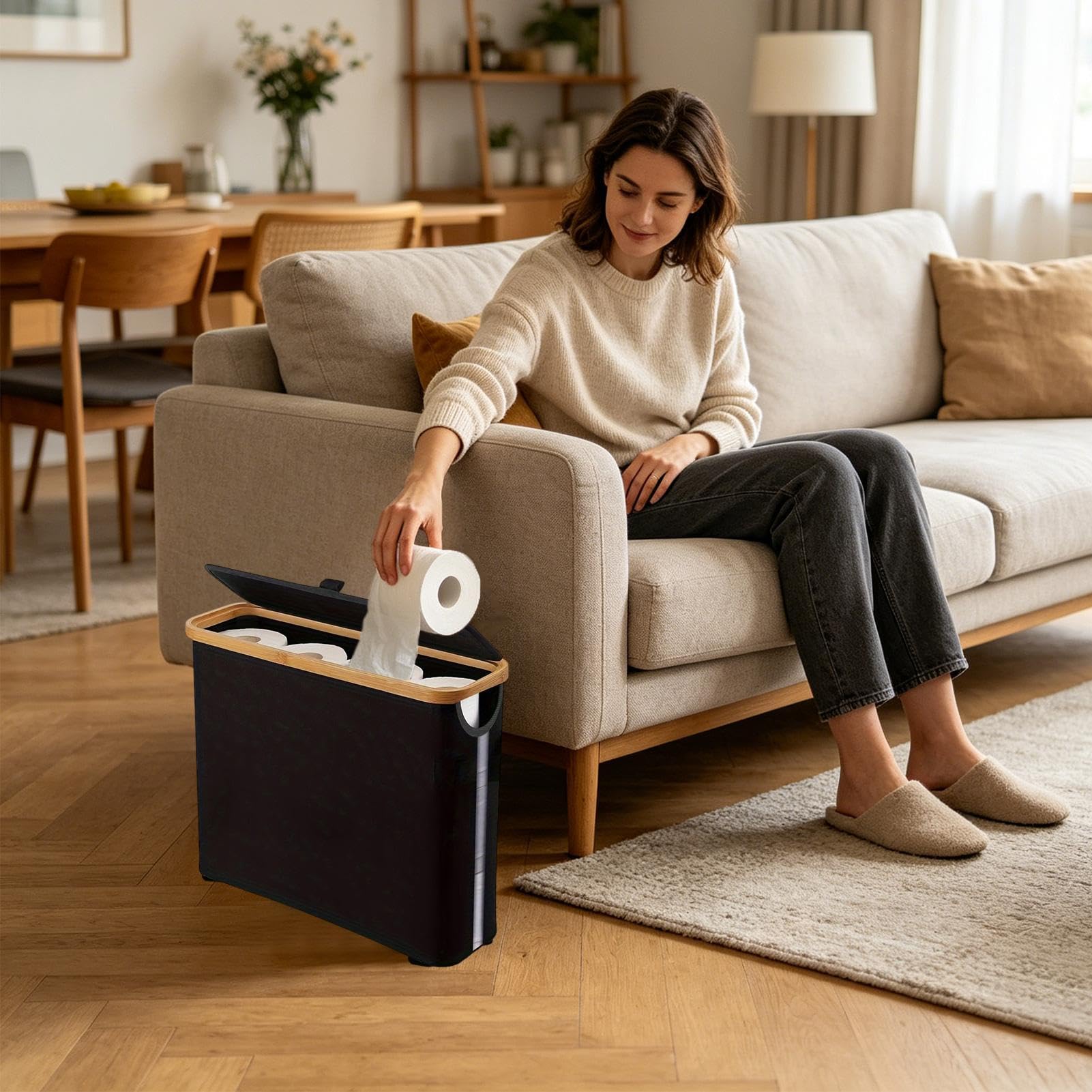 Rangeur pour Papier Toilette,Conteneur Pliable autoportant - Panier à Rouleaux de Papier Toilette avec Un Couvercle et Une poignée,pour jusqu'à 12 Rouleaux, Salle de Bain, Salon, Placard