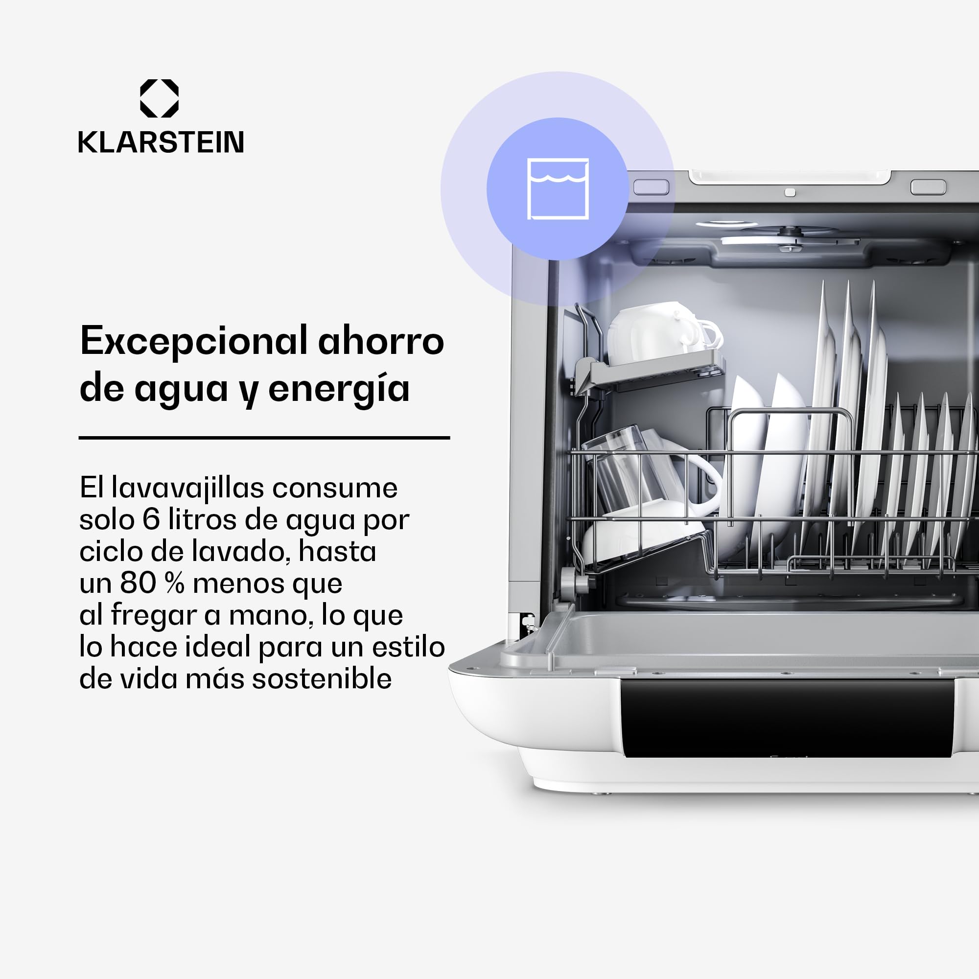 Lavavajillas de sobremesa Klarstein Melville – Lavavajillas compacto con capacidad para 3 servicios, 7 programas, 6 litros de consumo de agua, AquaStop y diseño portátil