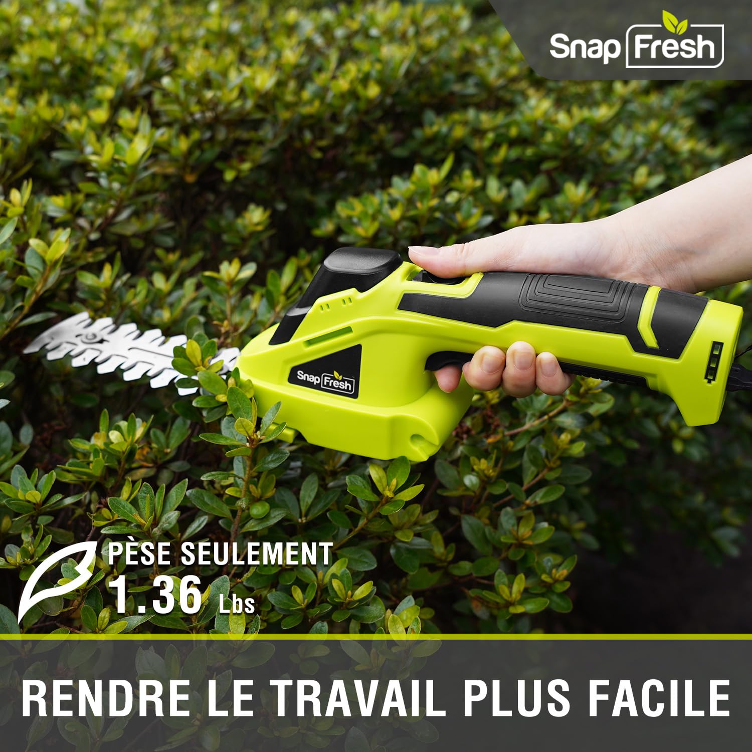 SnapFresh Taille Haie Batterie Electrique Mini Taille-Herbes sans Fil avec Batterie 8V Cisailles à Gazon Sculpte-Haies 2 en 1 - Autonomie: 60 Min, Longueur de Lame: 14 cm(Arbustes) / 8 cm(Herbe)