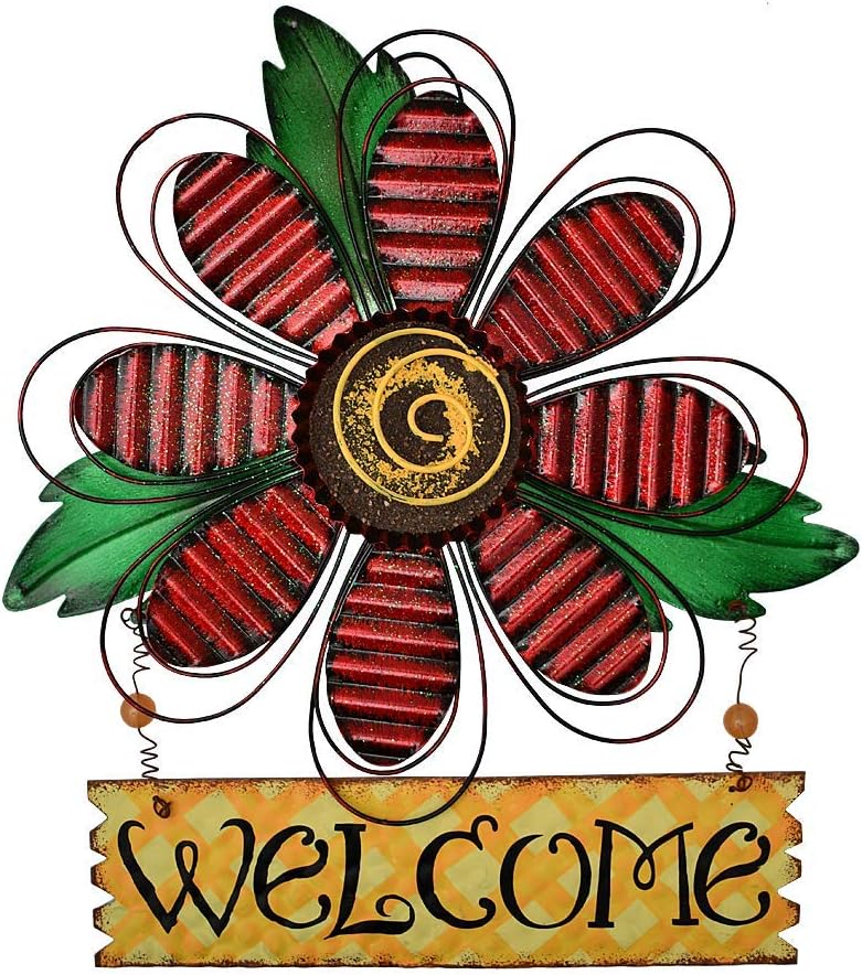 Hanging Metal Flower Welcome Sign Vintage Yellow Flower Wreath for Front Door Kitchen Yard Porch Decor Iron Garden Patio Welcome Sign Spring Floral Sign for Home Garden Decor