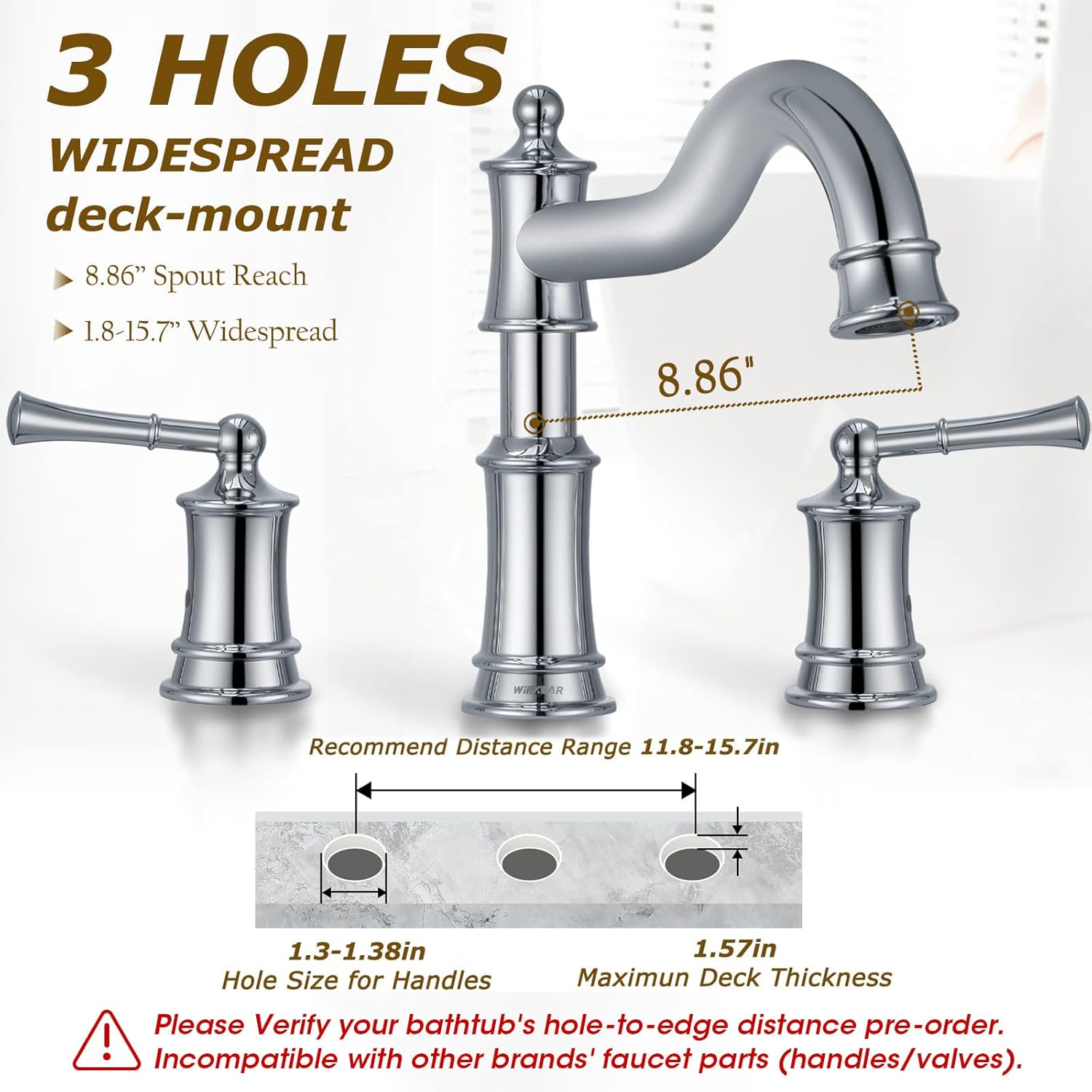 Roman Bathtub Faucet Deck Mount Tub Faucet for Bathroom Widespread Elegant Classic Spout with 3 Holes 2 Handle Valve Cartridge Included, Chrome