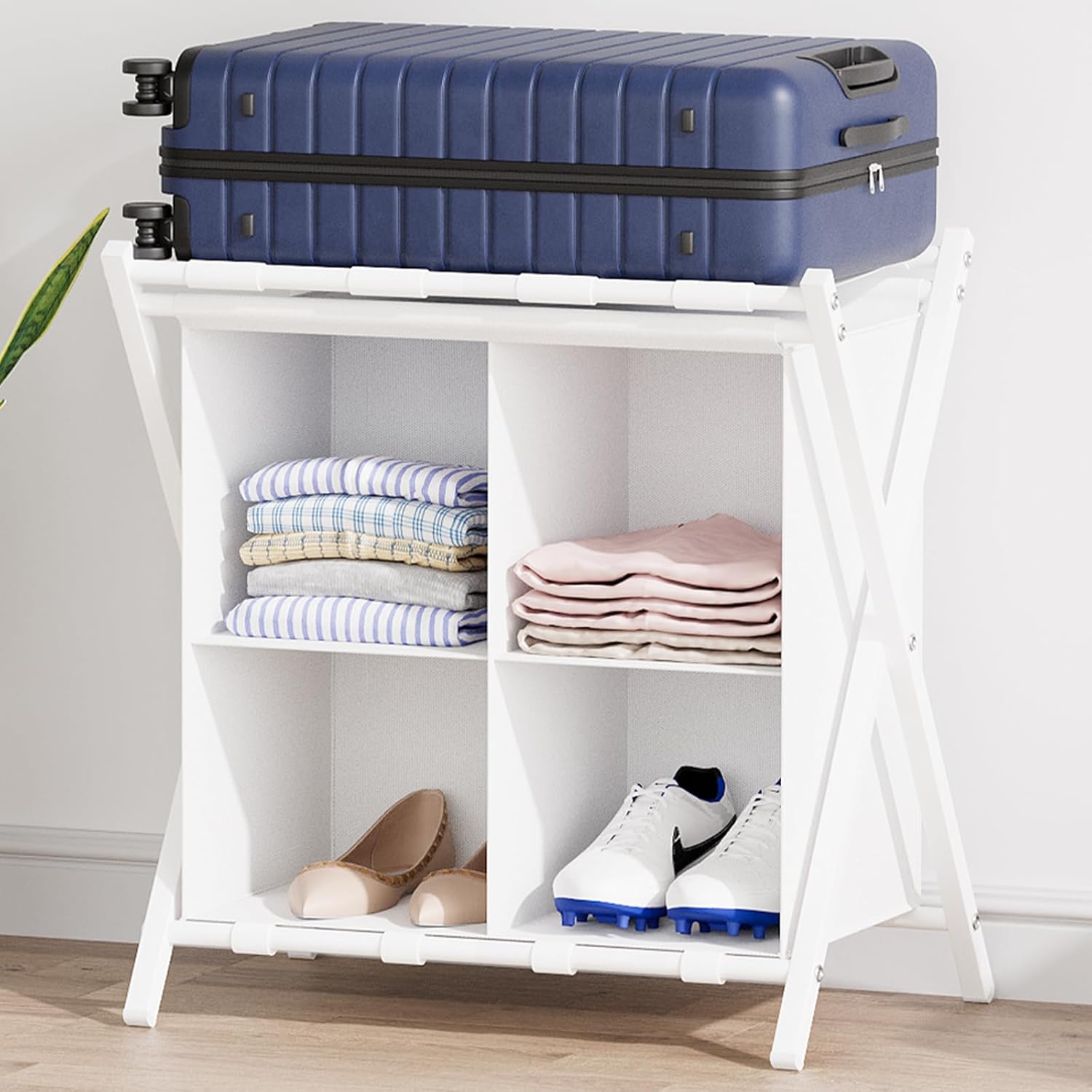 aboxoo Luggage Rack with storage, Guest Room Folding Suitcase Stands, Holds up to 120 lb, Space Saving Suitcase Holders for guest room, Bedroom Hotel, White White - 1 Pcs