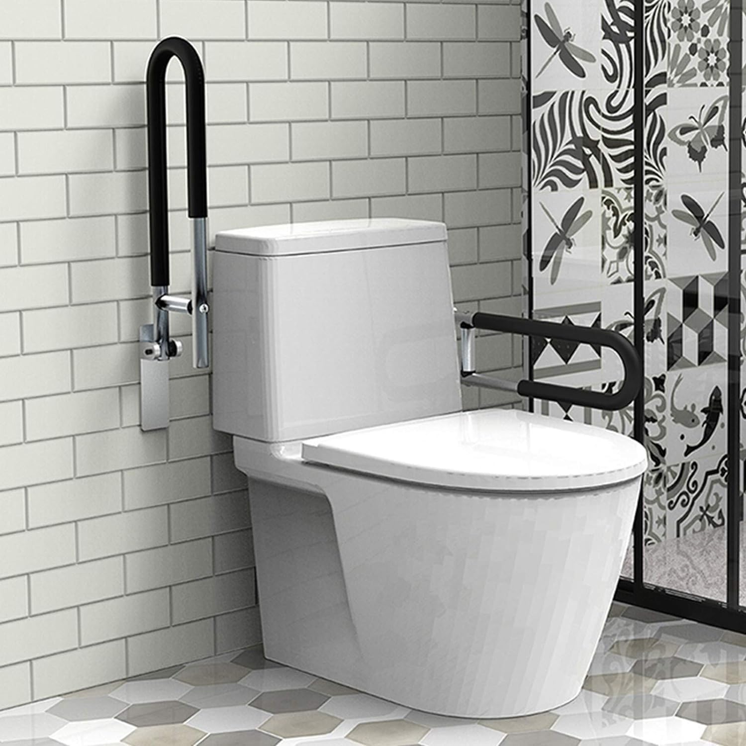 Barra de seguridad abatible de acero inoxidable para discapacitados, interior/exterior, antideslizante, para baño, plegable, para personas mayores, barandilla Schwarz