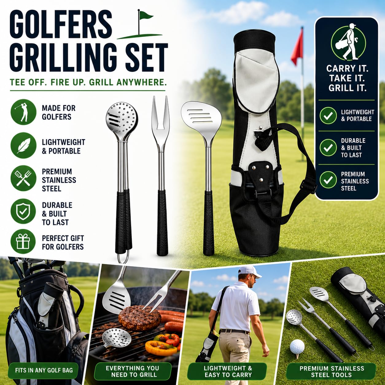 Outset Zestaw narzędzi do grillowania kija golfowego ze stali nierdzewnej, zawiera torbę golfową, szpatułkę, widelec do grilla i szczypce