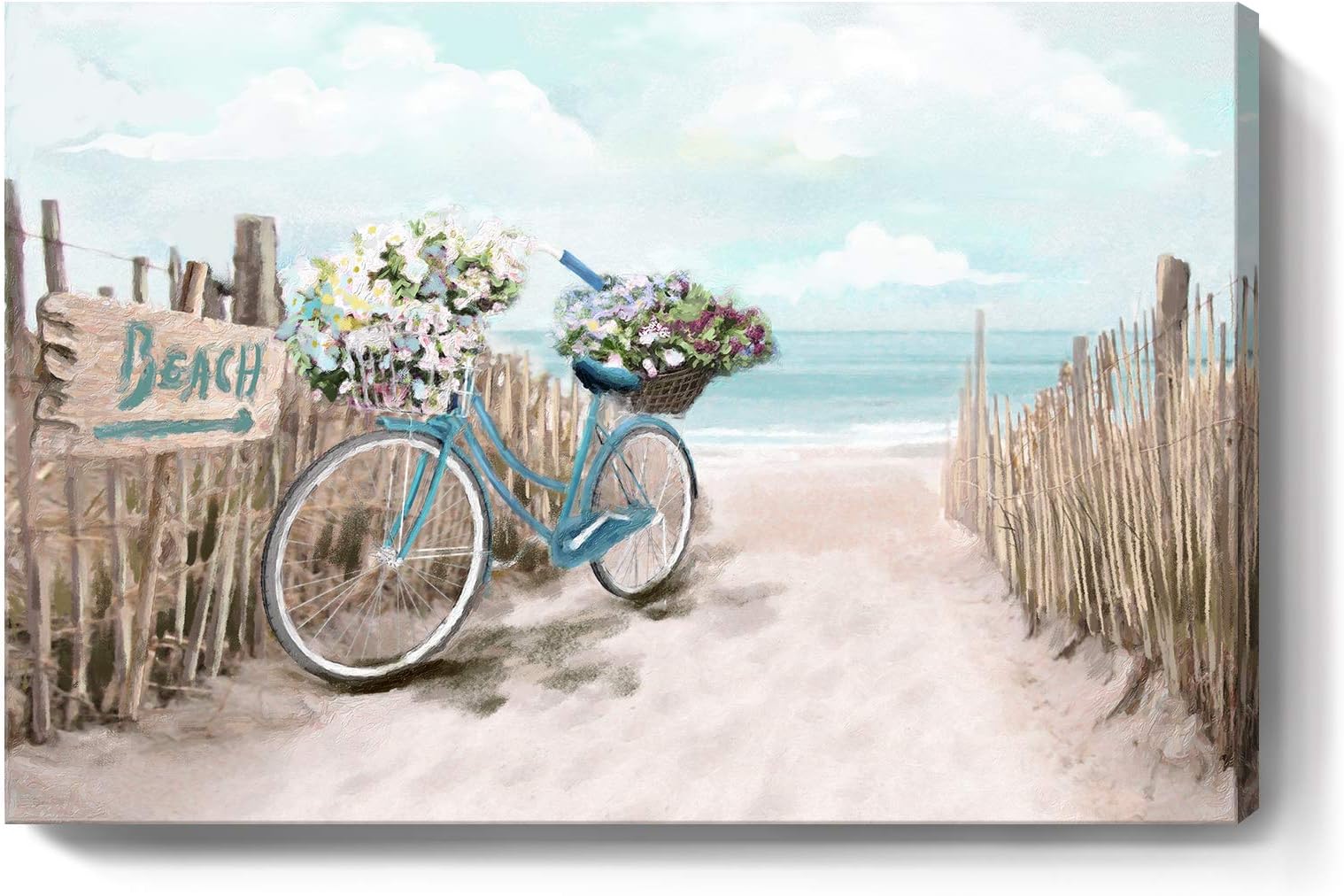 Ocean Wall Art for Bedroom Coastal Canvas Print Seascape Picture Framed Teal Aqua Sea Painting Shoreside Artwork for Bathroom Living Room Home Décor Beach Theme Decorations Turquoise 24x16inch