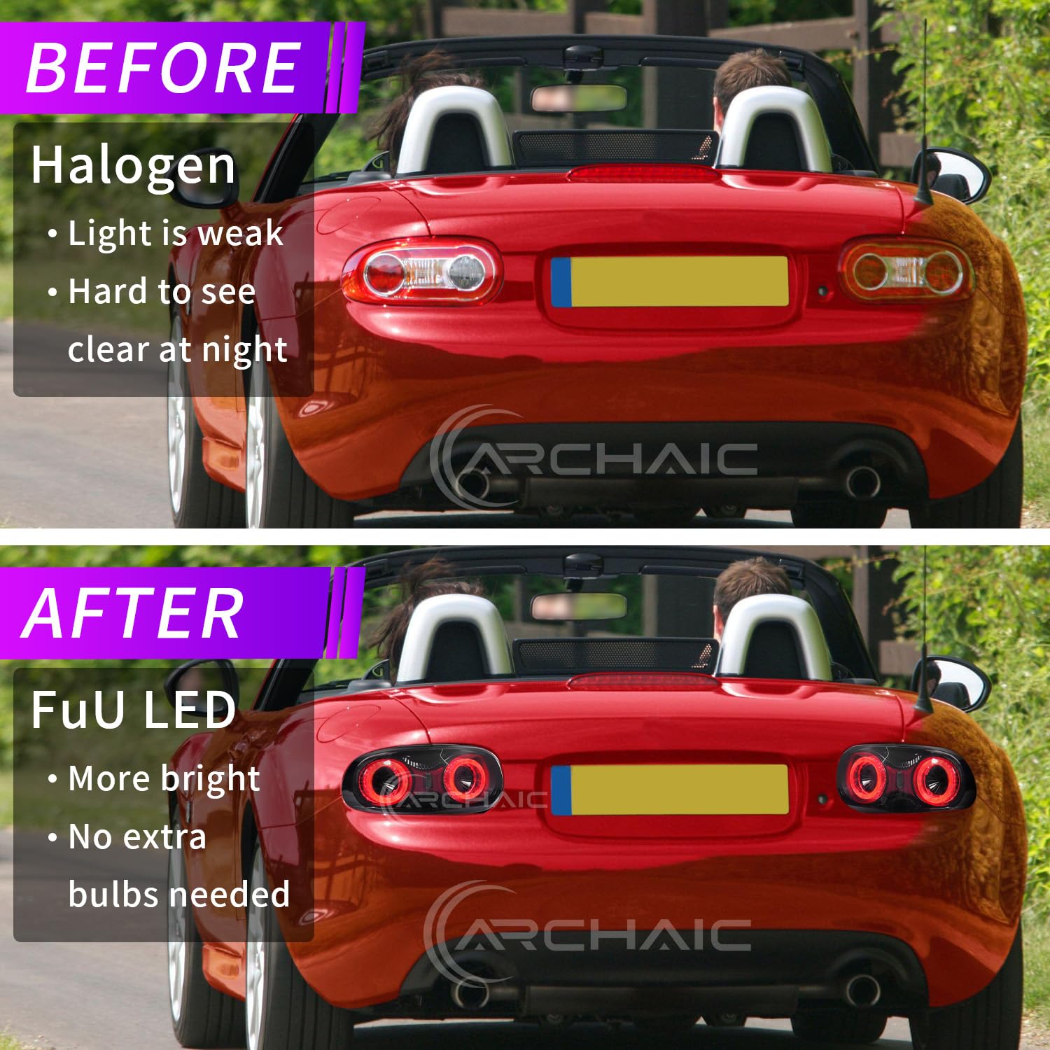 Archaic Tylne światła LED kompatybilne z 2009-2015 Mazda MX-5 MK3 NC2 NC3 Miata Roadster 2-drzwiowy kabriolet, z reflektorem