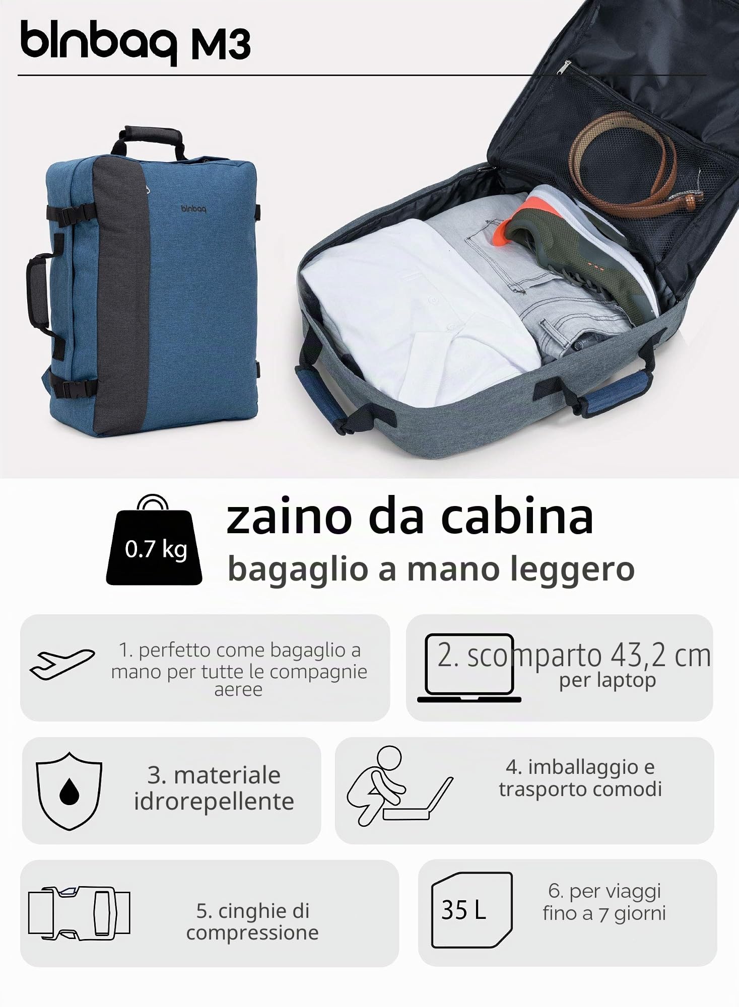 blnbag M3 - Cabin Size Backpack, zaino bagaglio a mano Easyjet 55x40x20 cm zaino da viaggio con scomparto per laptop 17", 35 litri