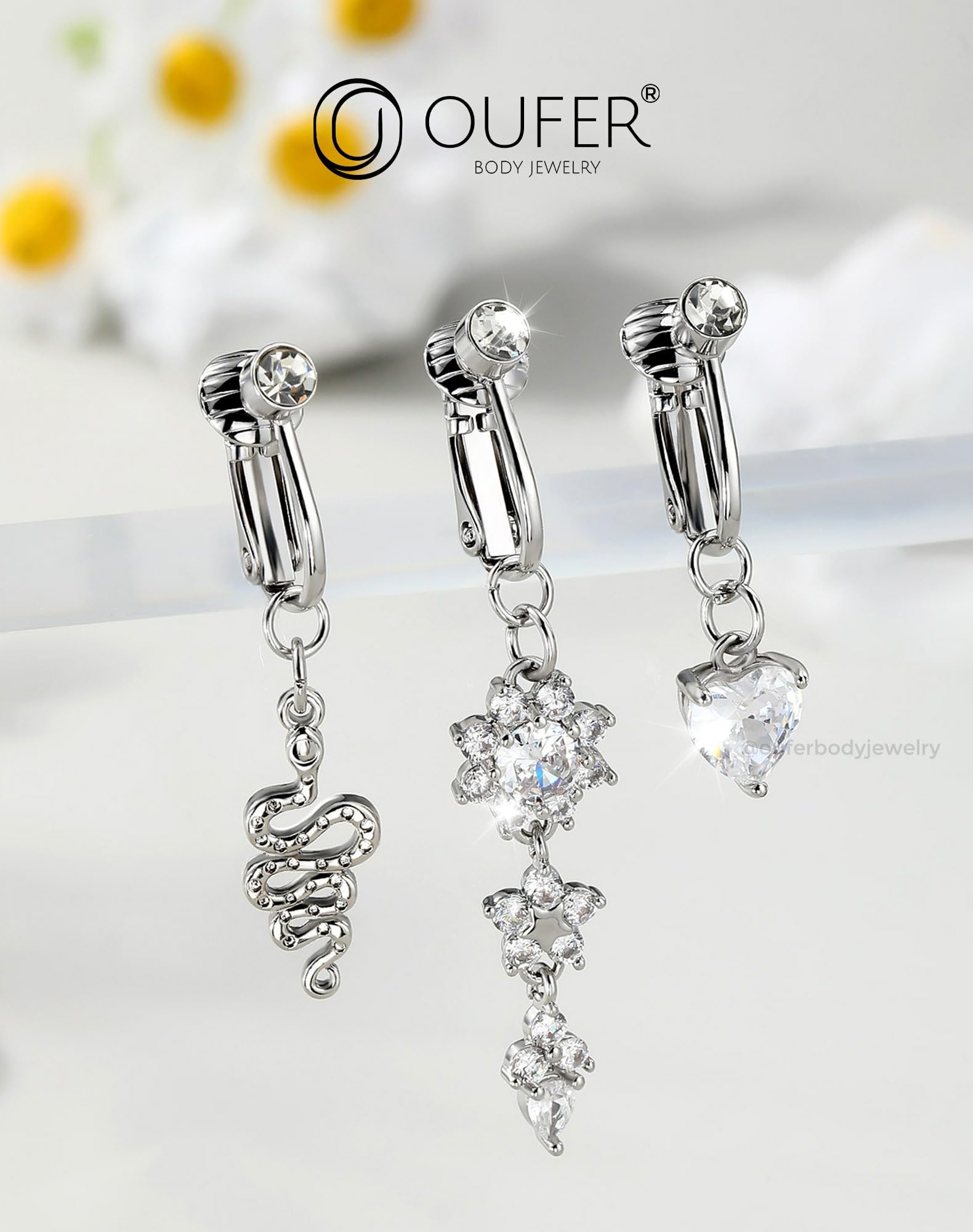 3PCS Fake Belly Button Piercing Jewelry, Non-Piercing Clip on Belly Button Rings, Surgical Steel Dangle Clear CZ Faux Navel Rings for Women Men