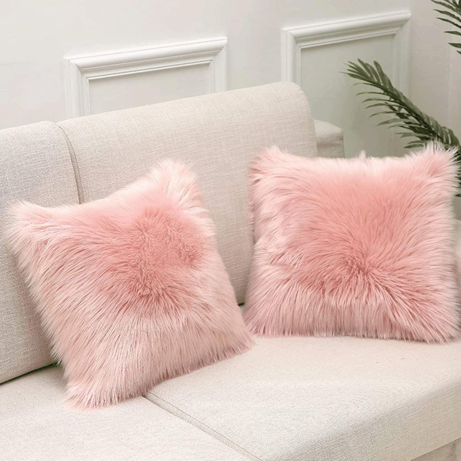 Extreme Home Pack of 2 Luxury Faux Fur Pillow Covers 18x18 Inches 45x45 cm Decorative Square Ultra Throw Sheepskin Cases Super Soft Fuzzy Fluffy No Insert for Sofa Couch living room (Pink)