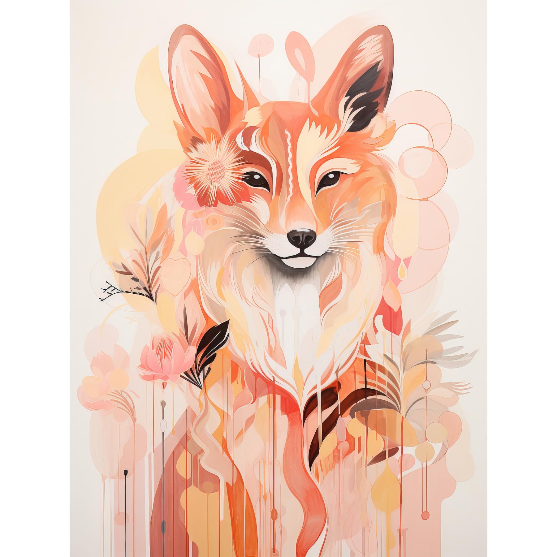 Artery8 Floral Fox Spirit Animal Boho Calm Pastel Colour Artwork Orange Pink Abstract Woodland Creature Flowers Large Wall Art Poster Print Thick Paper 18X24 Inch