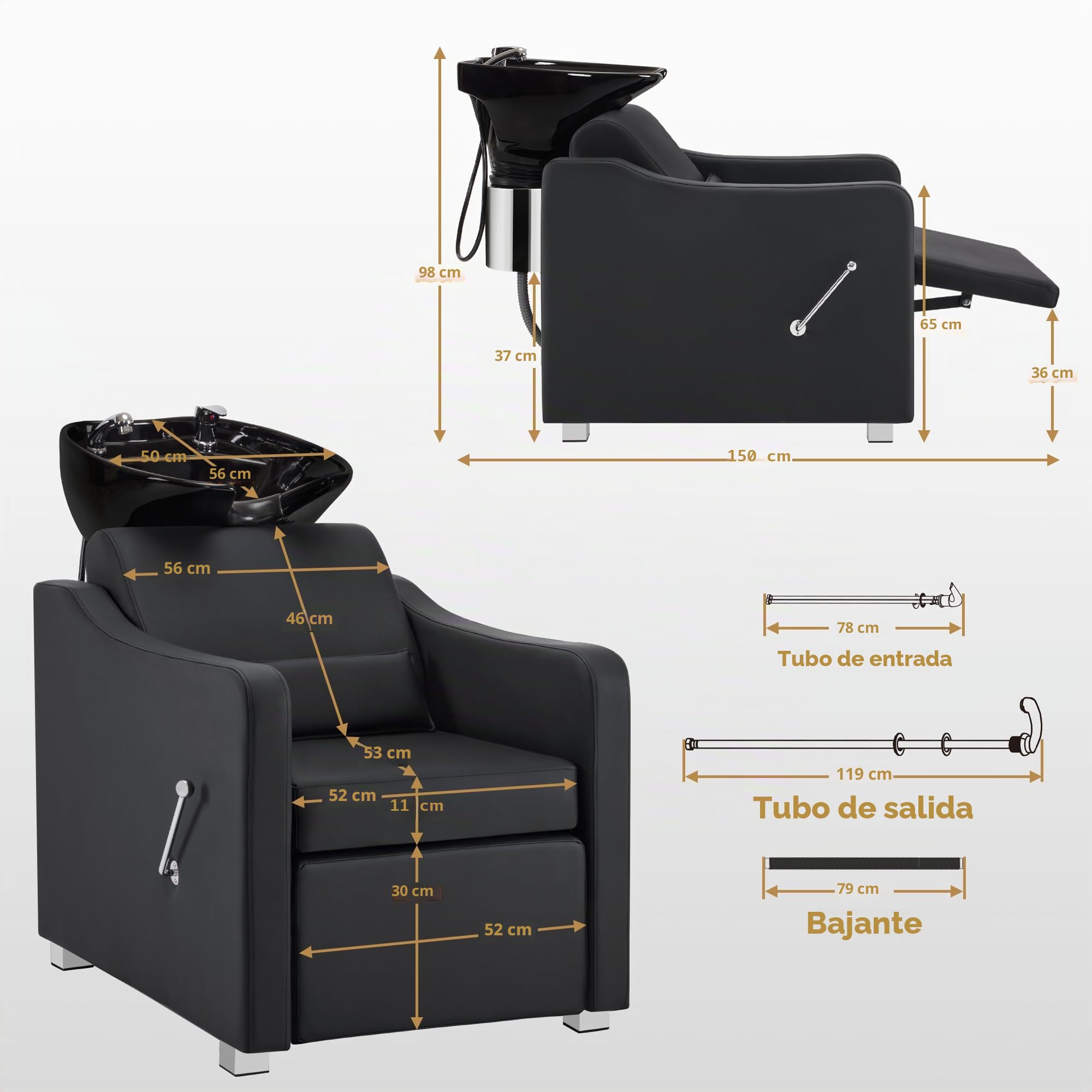 BarberPub Sillón de peluquería con Lavabo, reposapiernas Plegable, Lavabo de cerámica, Ajustable, sillón de peluquería para salón SPA 8675 (Negro)