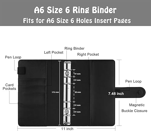Vista 63 de Antner - Archivador de piel sintética con 6 anillos, para papel de tamaño A6, agenda personal con hojas sueltas y cubierta con cierre magnético